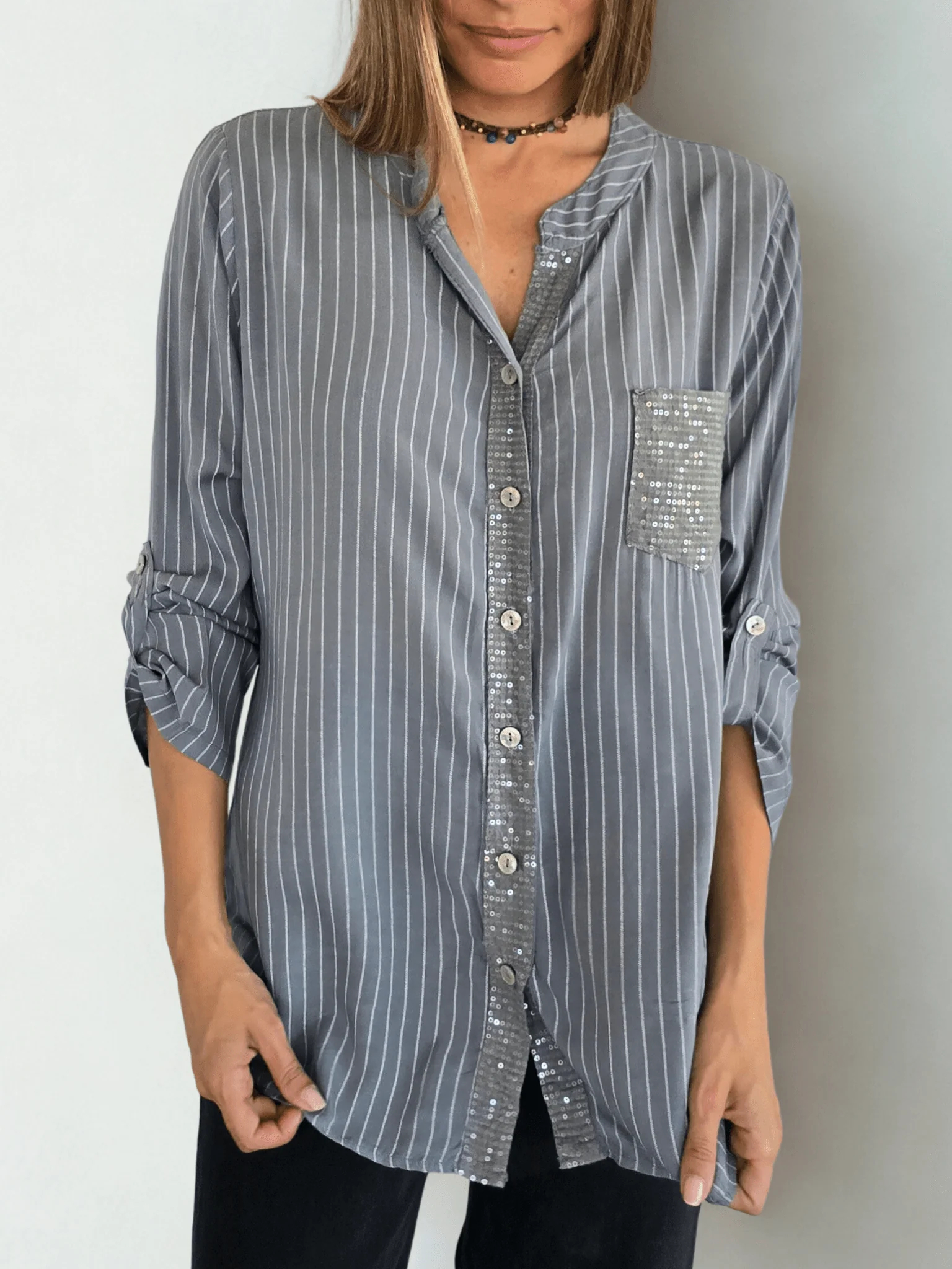 Striped sequined casual loose shirt