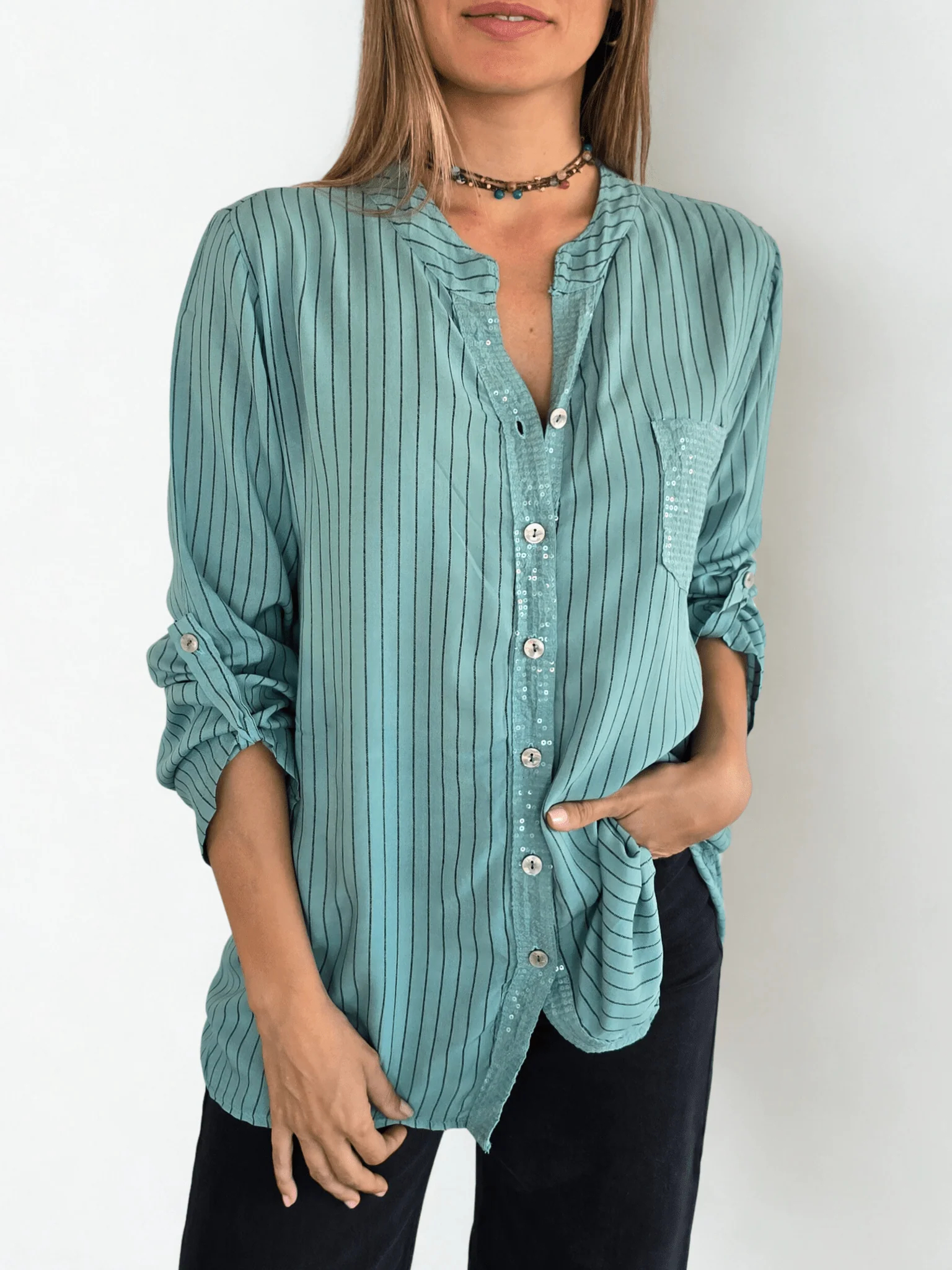 Striped sequined casual loose shirt