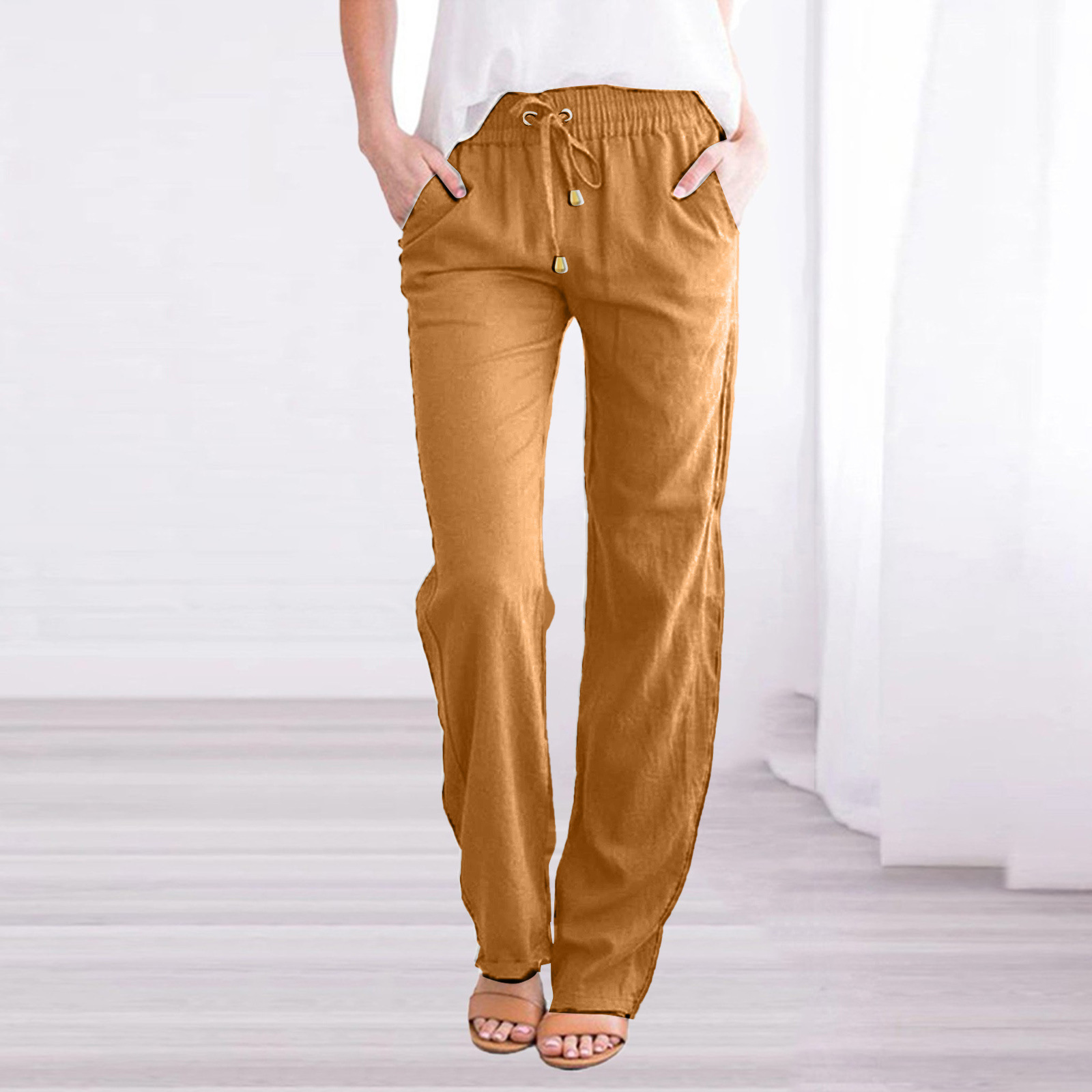 BDNXTV Casual Pants for Women, Women Drawstring Slim Fit Pant Pockets Lightweight Breathable Solid Color Summer Trousers