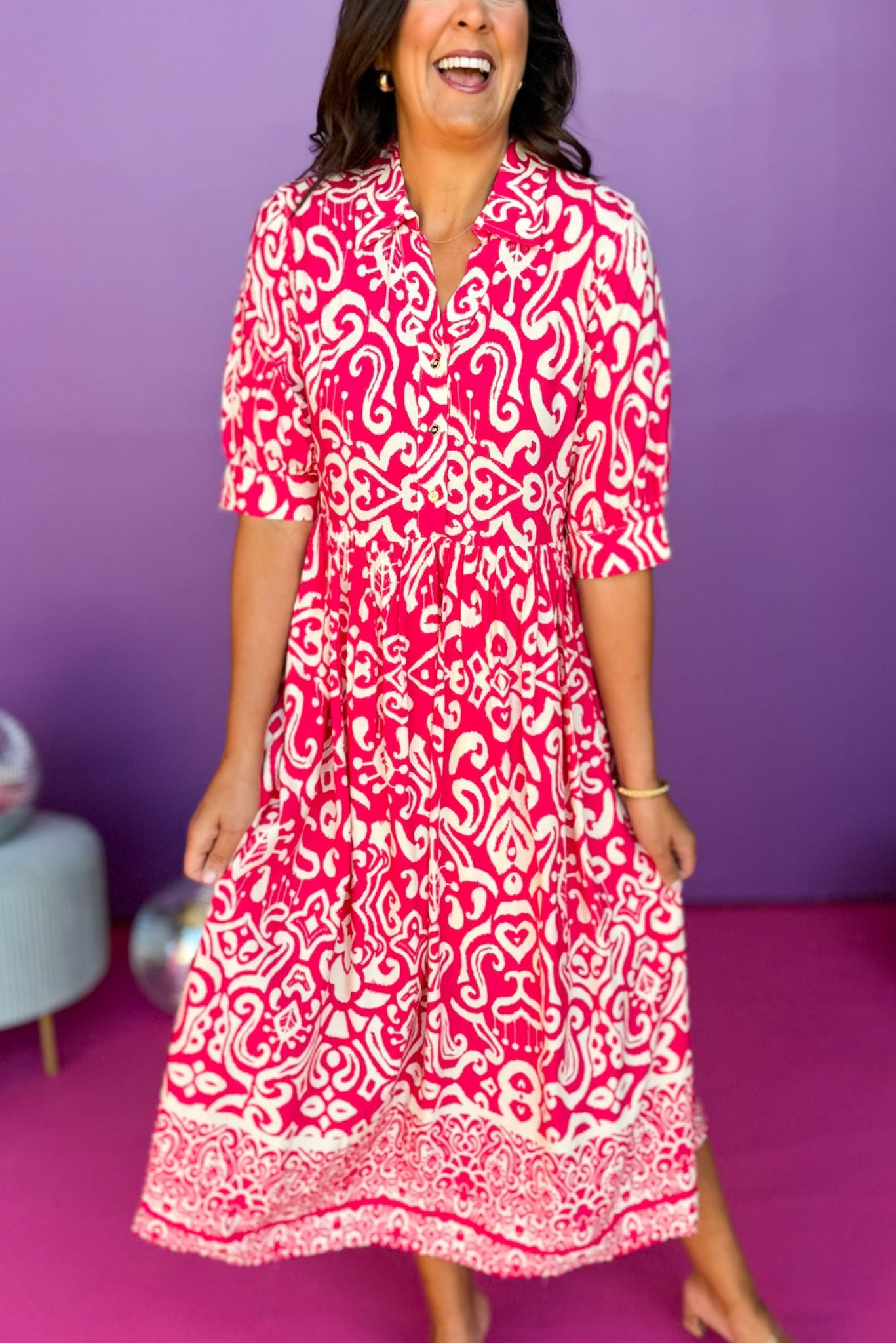 Paisley Printed Split Neck Collared Elbow Sleeve Dress