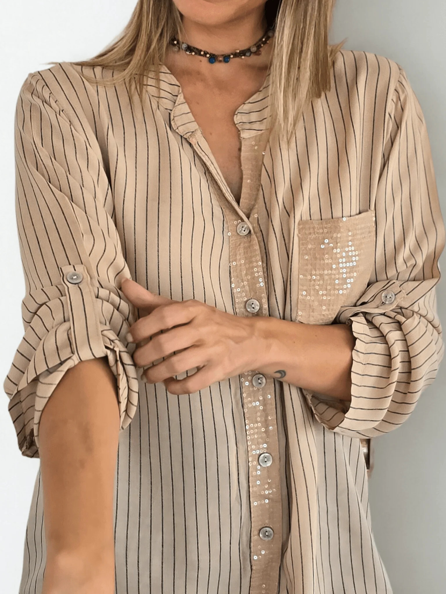 Striped sequined casual loose shirt