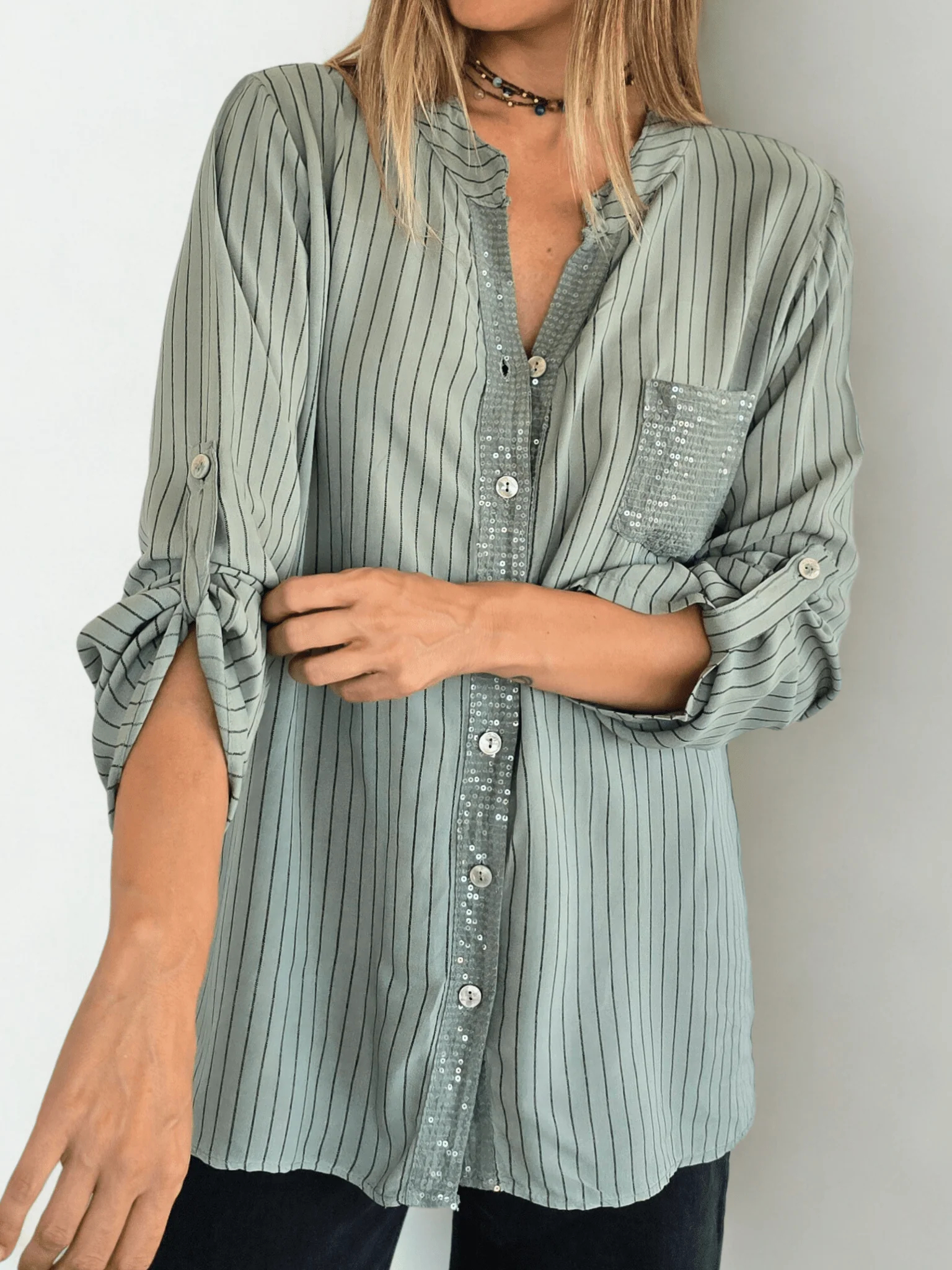 Striped sequined casual loose shirt