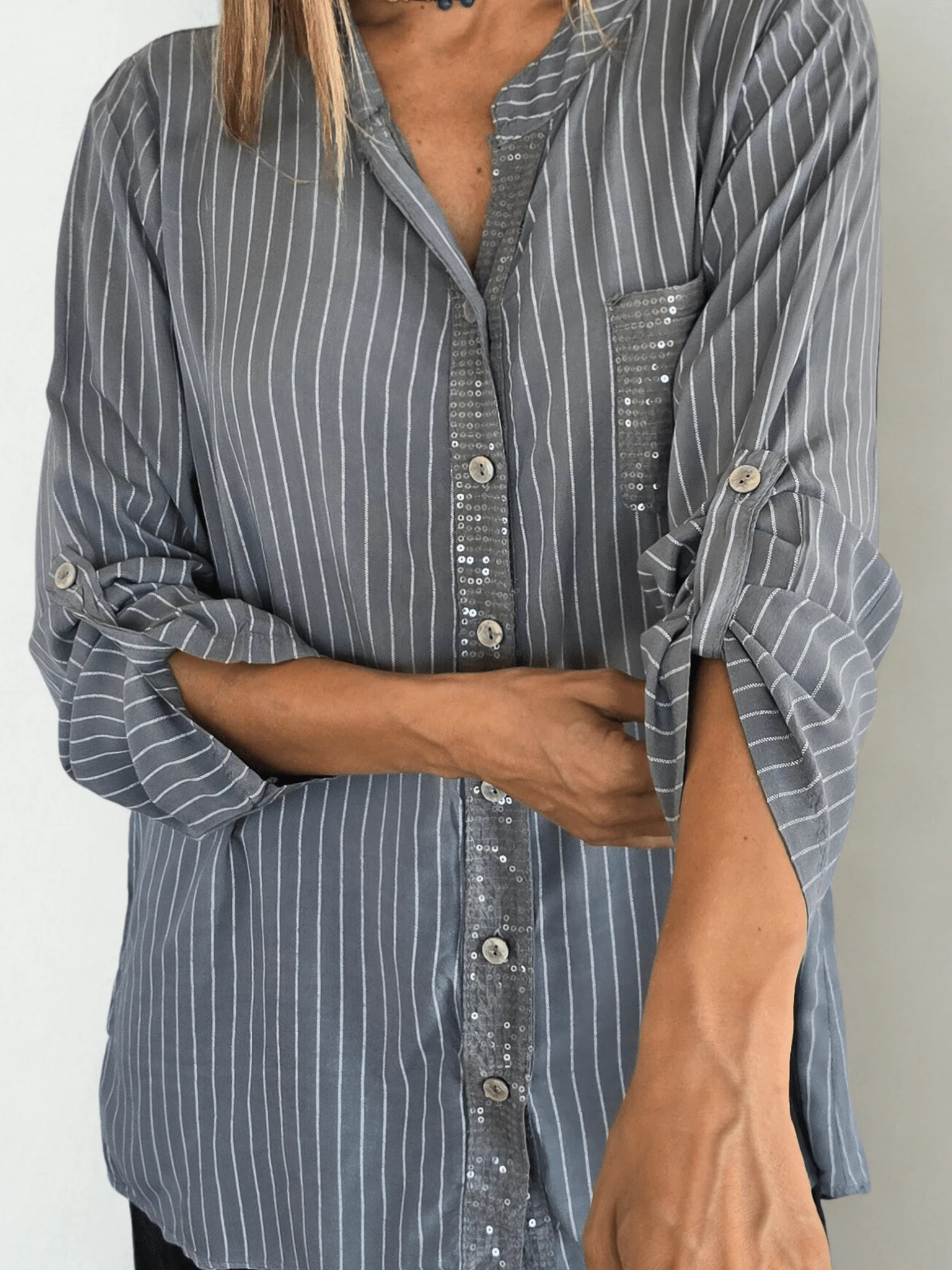Striped sequined casual loose shirt