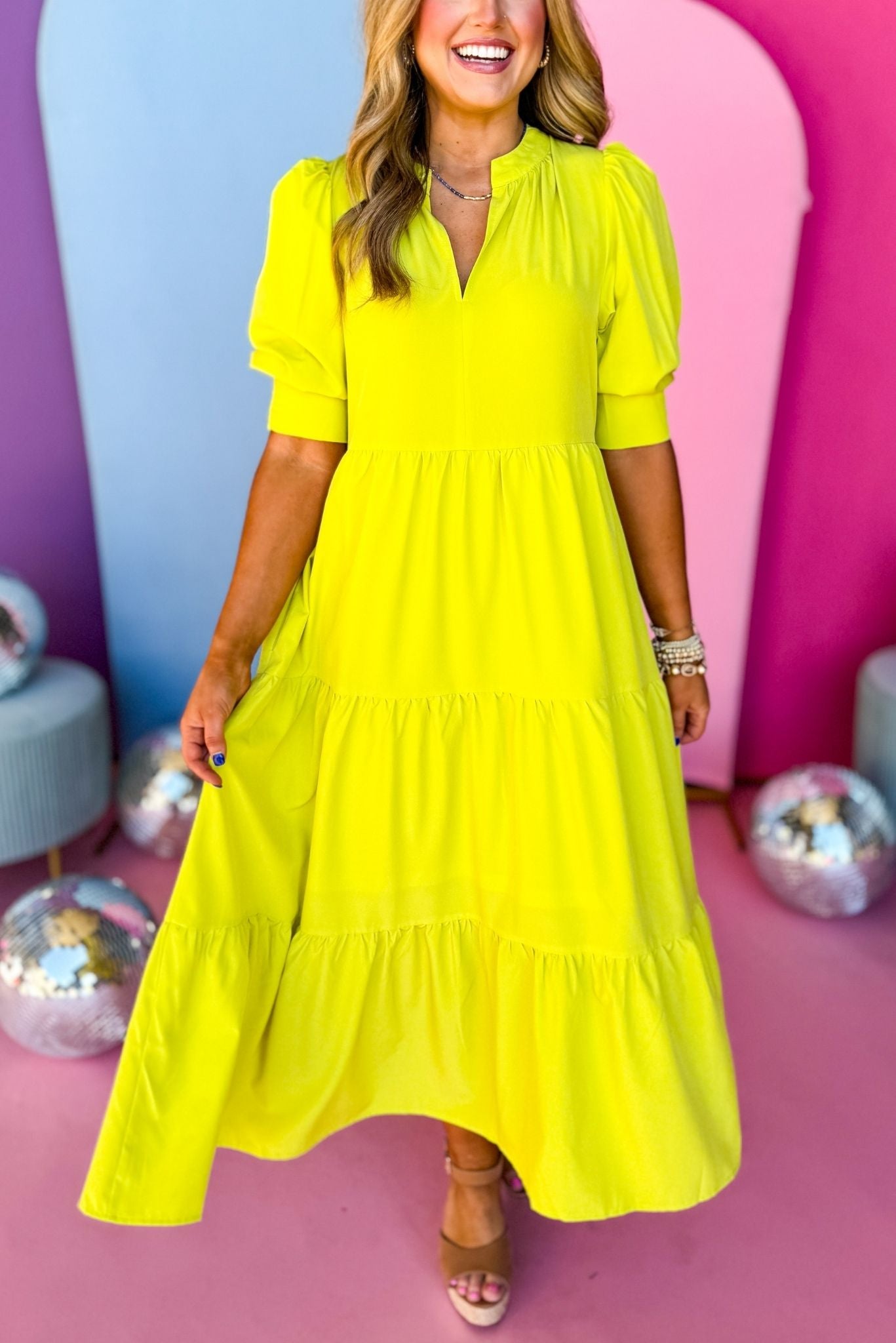 V-Nack Three Quarter Sleeve Tiered Midi Dress