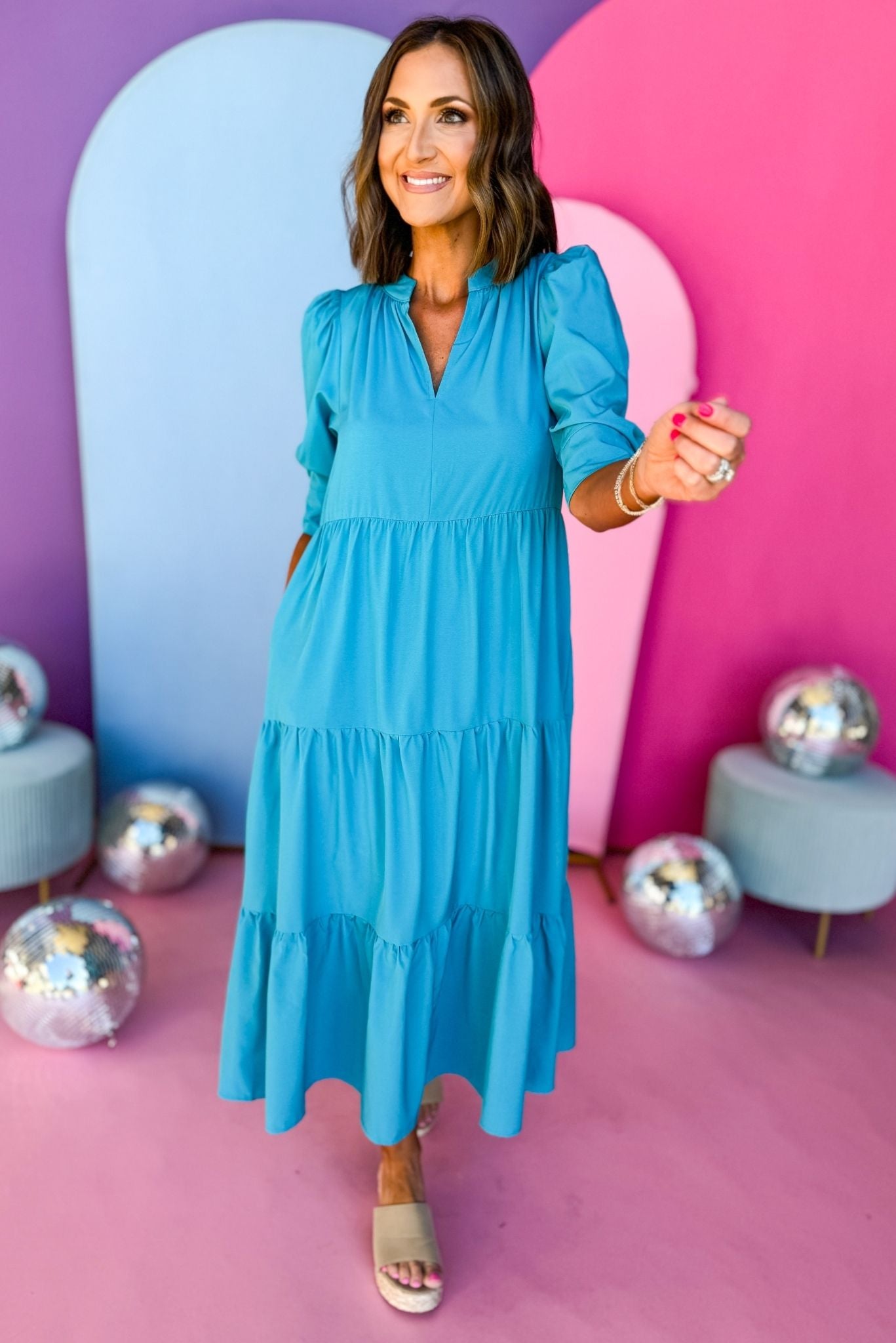 V-Nack Three Quarter Sleeve Tiered Midi Dress