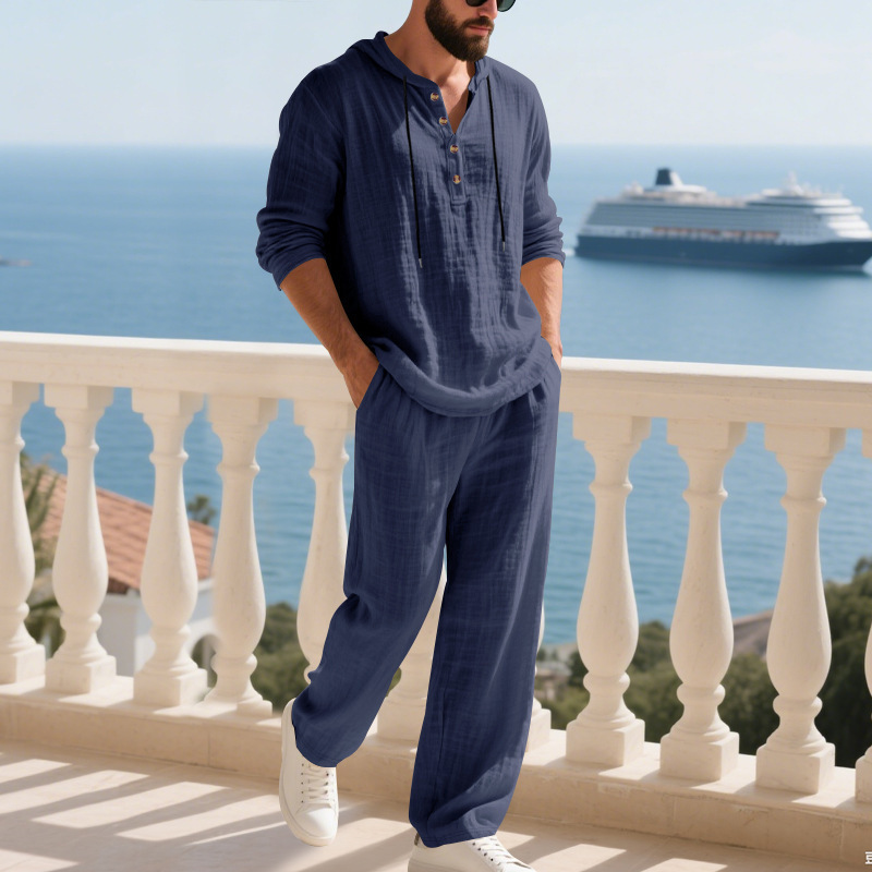Men's Casual Hoodie Trousers Cotton Linen Set