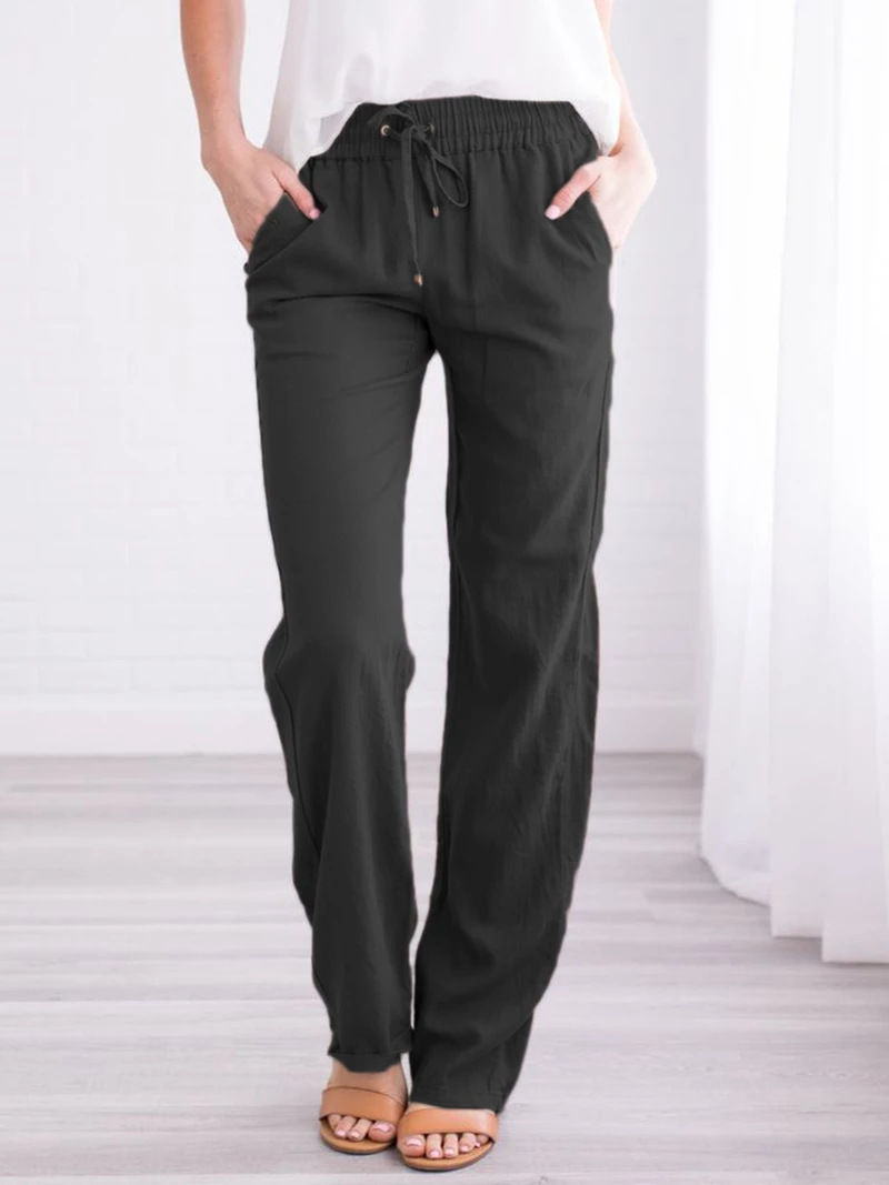 BDNXTV Casual Pants for Women, Women Drawstring Slim Fit Pant Pockets Lightweight Breathable Solid Color Summer Trousers