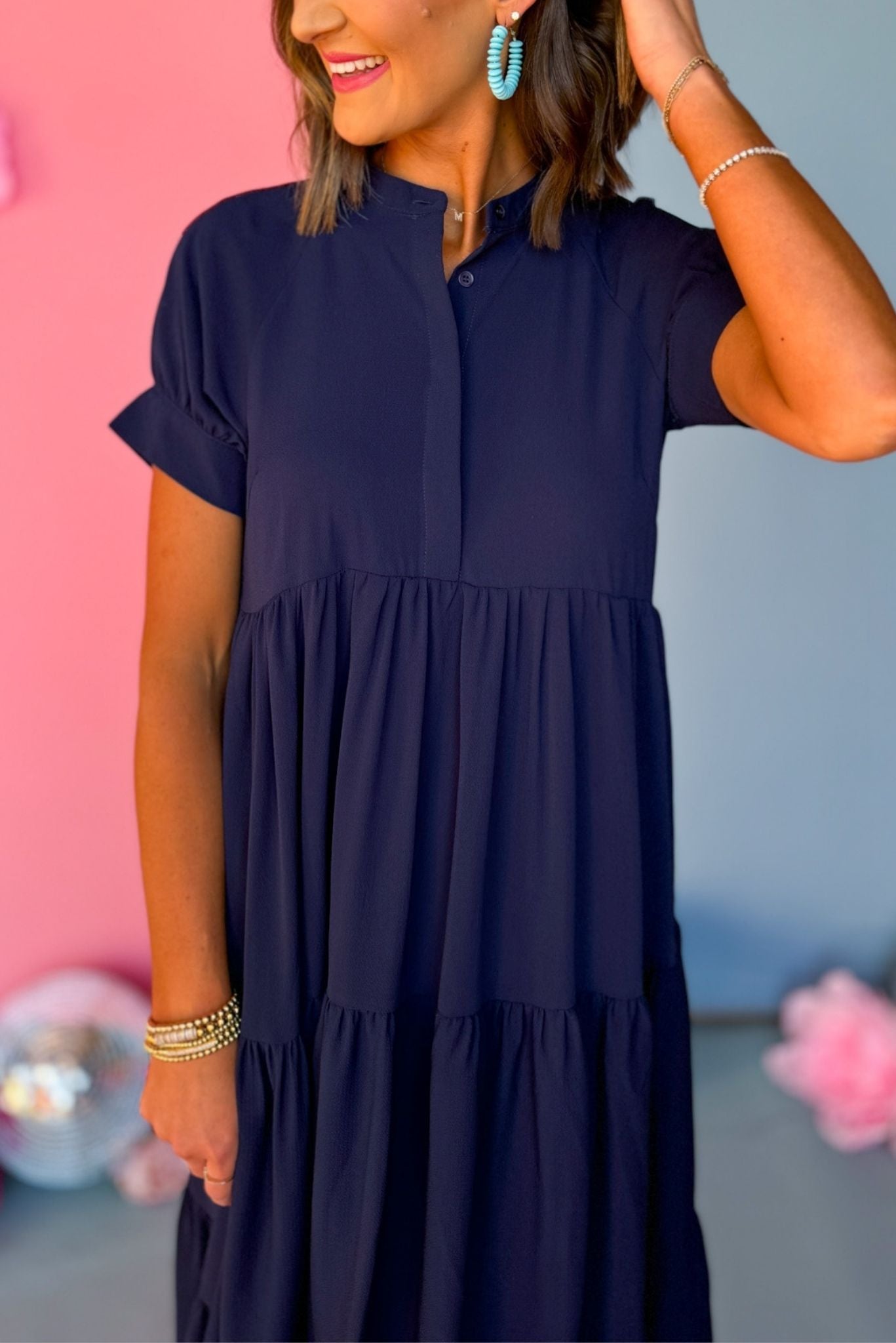 Button Front Tiered Short Sleeve Maxi Dress