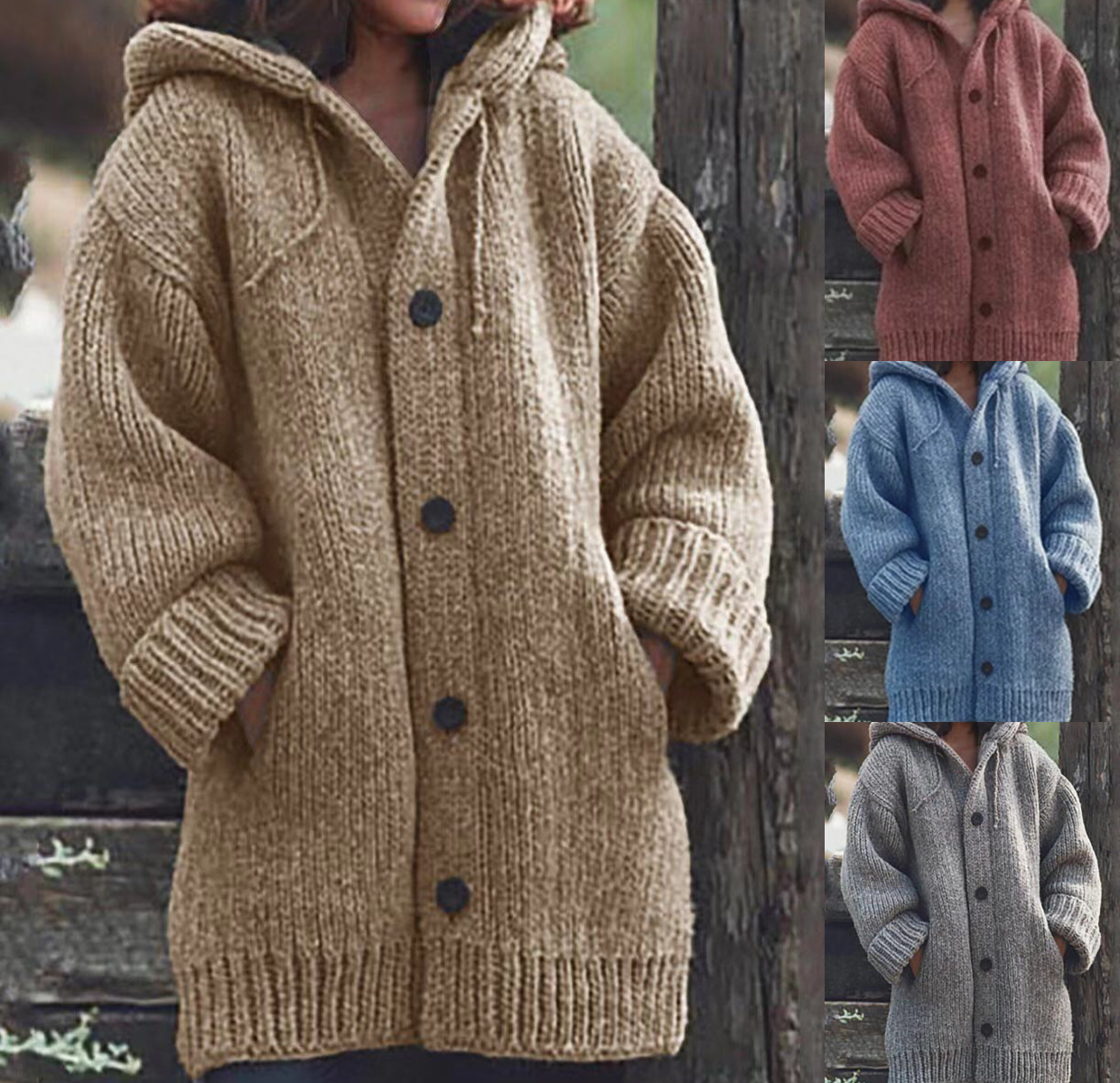 Women's hooded chunky cardigan sweater with pockets knitted button up sweater
