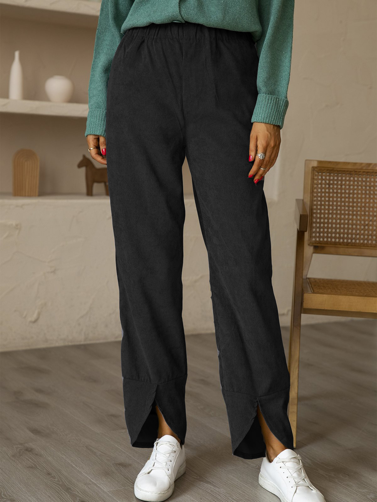 Women's thickened corduroy elastic waist straight casual pants