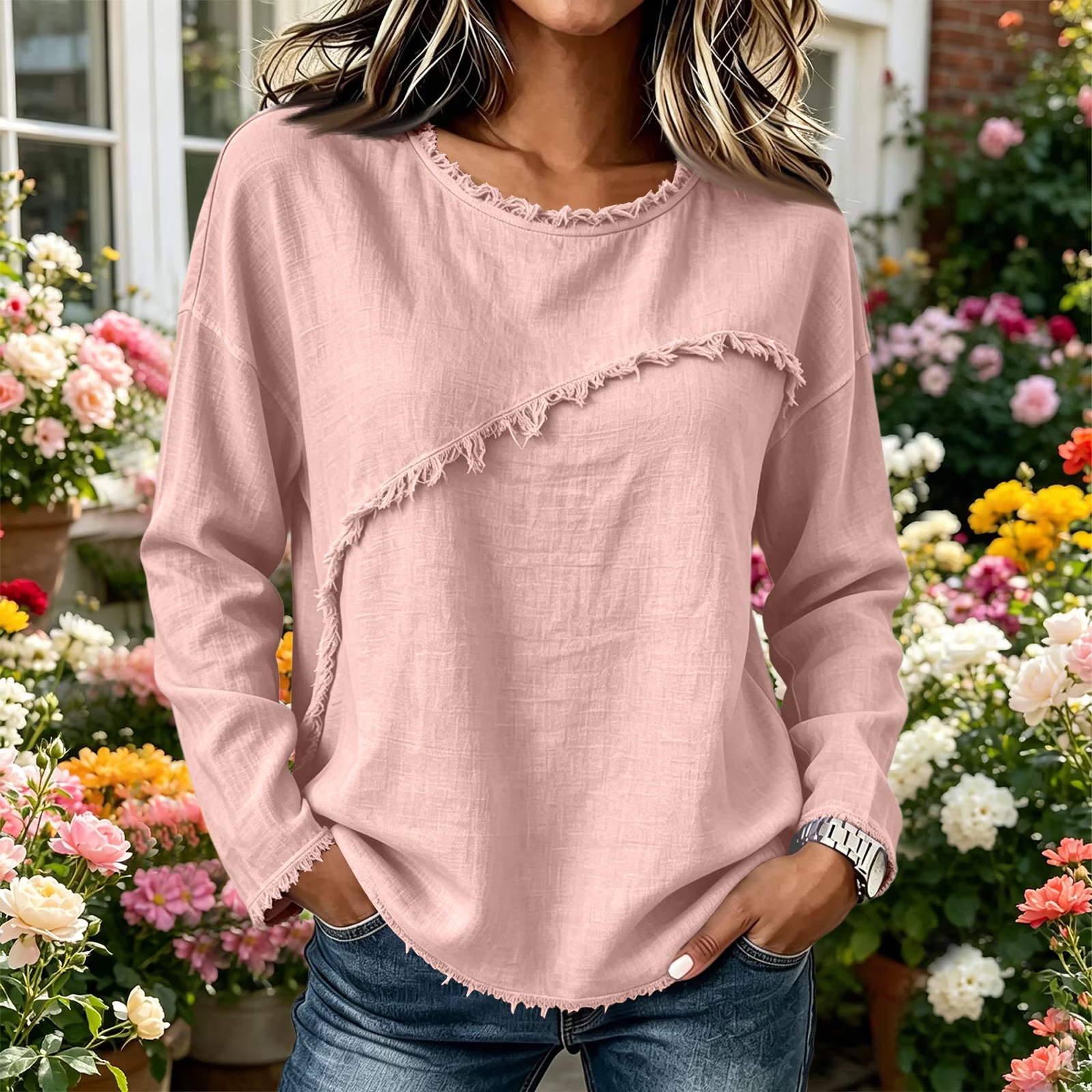 DISCOUNT SALE 55% OFF🔥 Unique Stitching Patchwork Round Neck Long Sleeve Blouse for Women