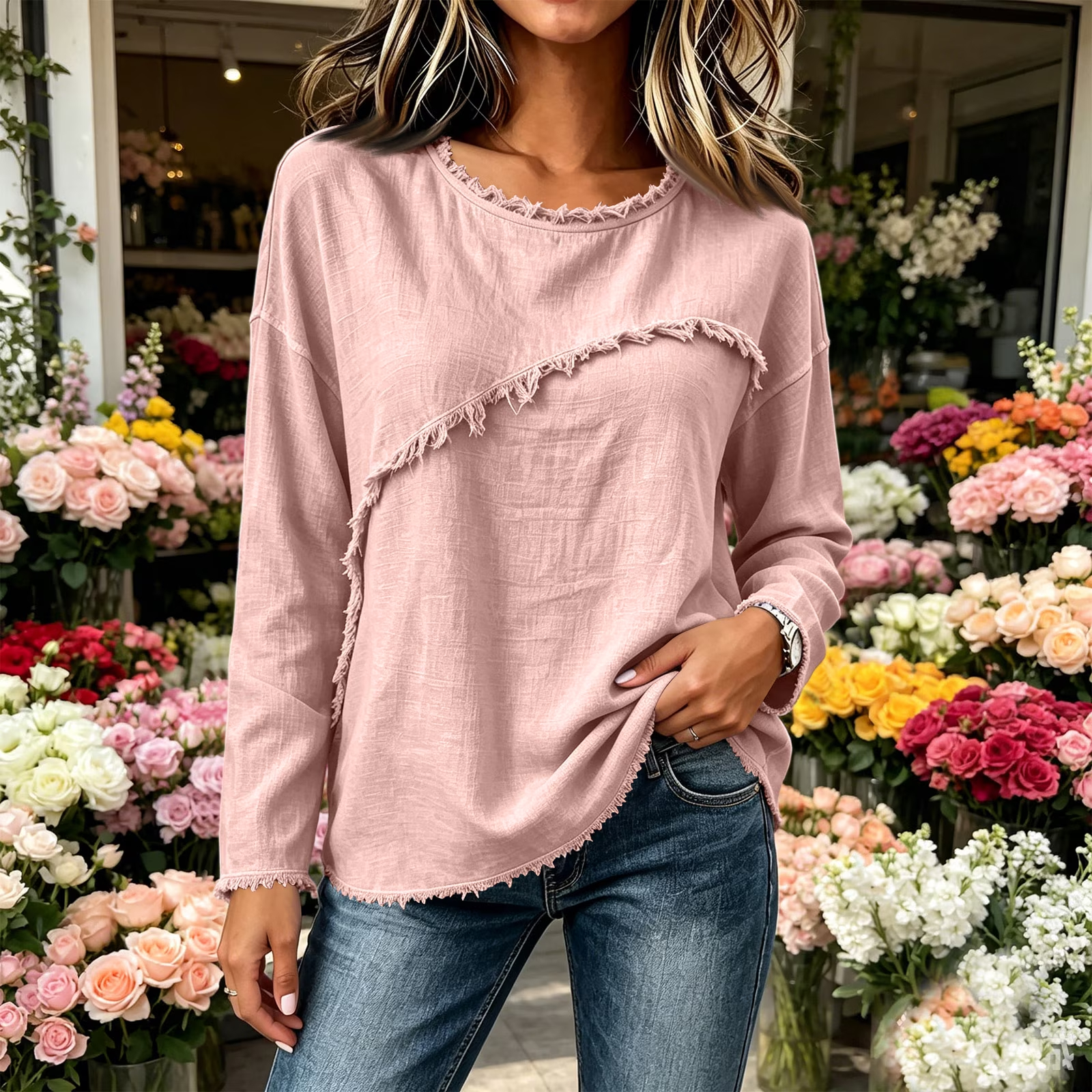 DISCOUNT SALE 55% OFF🔥 Unique Stitching Patchwork Round Neck Long Sleeve Blouse for Women