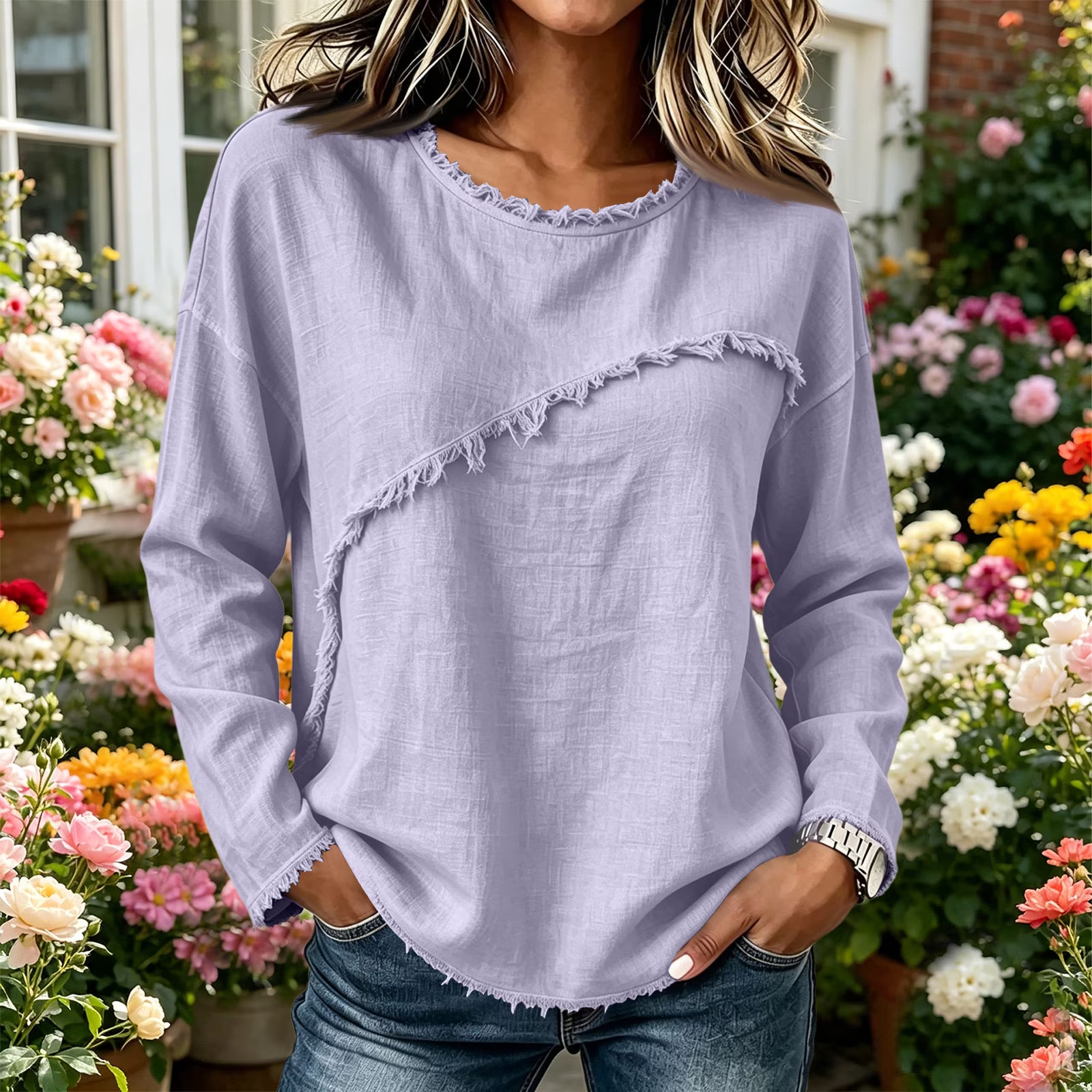 DISCOUNT SALE 55% OFF🔥 Unique Stitching Patchwork Round Neck Long Sleeve Blouse for Women