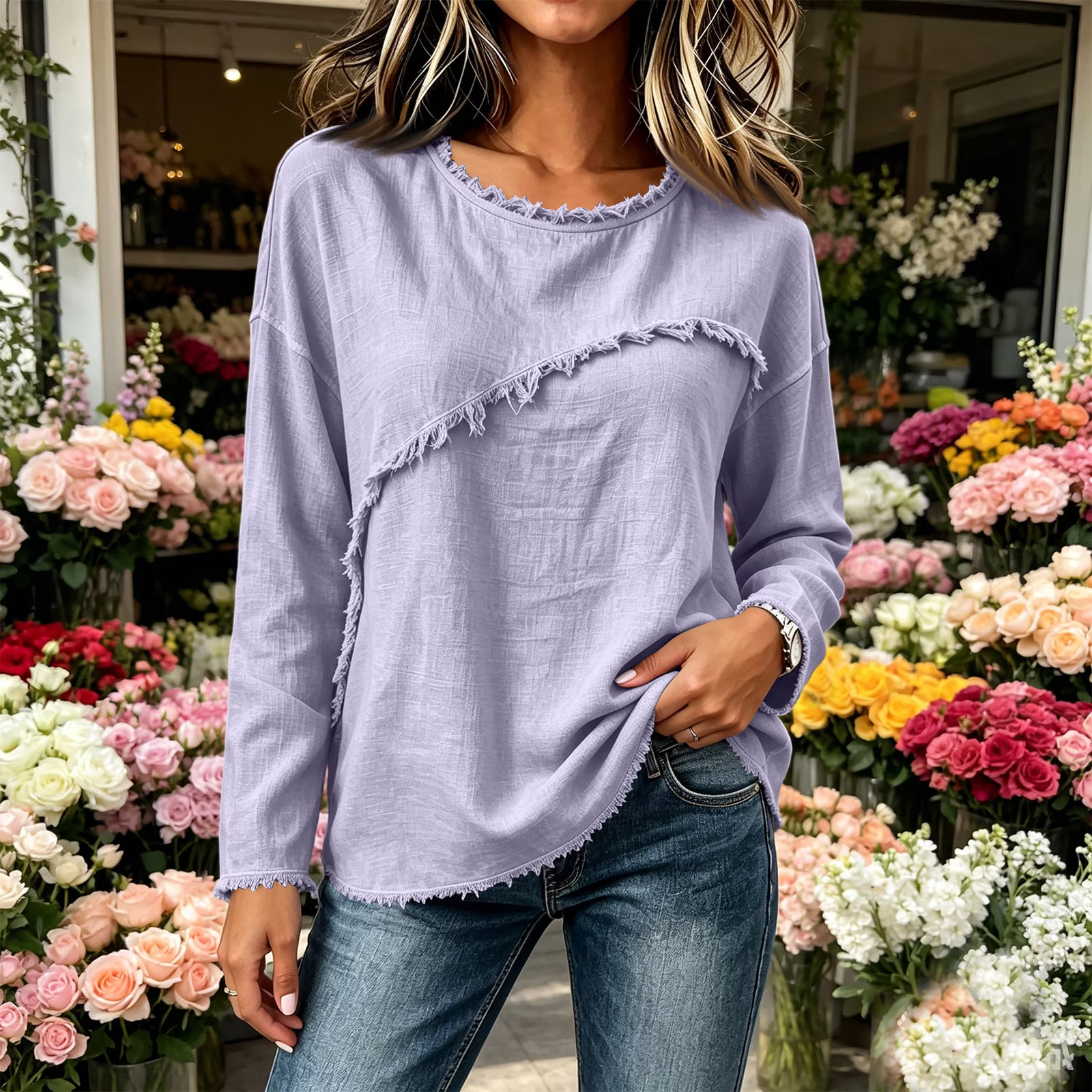 DISCOUNT SALE 55% OFF🔥 Unique Stitching Patchwork Round Neck Long Sleeve Blouse for Women