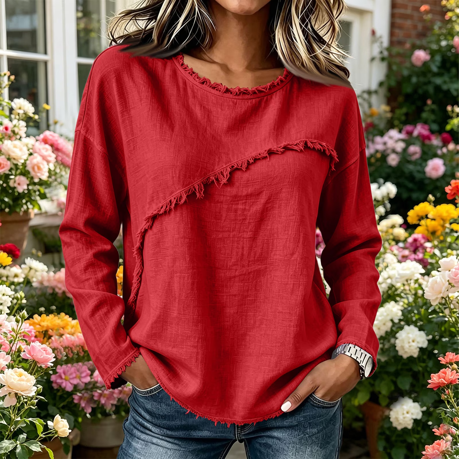 DISCOUNT SALE 55% OFF🔥 Unique Stitching Patchwork Round Neck Long Sleeve Blouse for Women