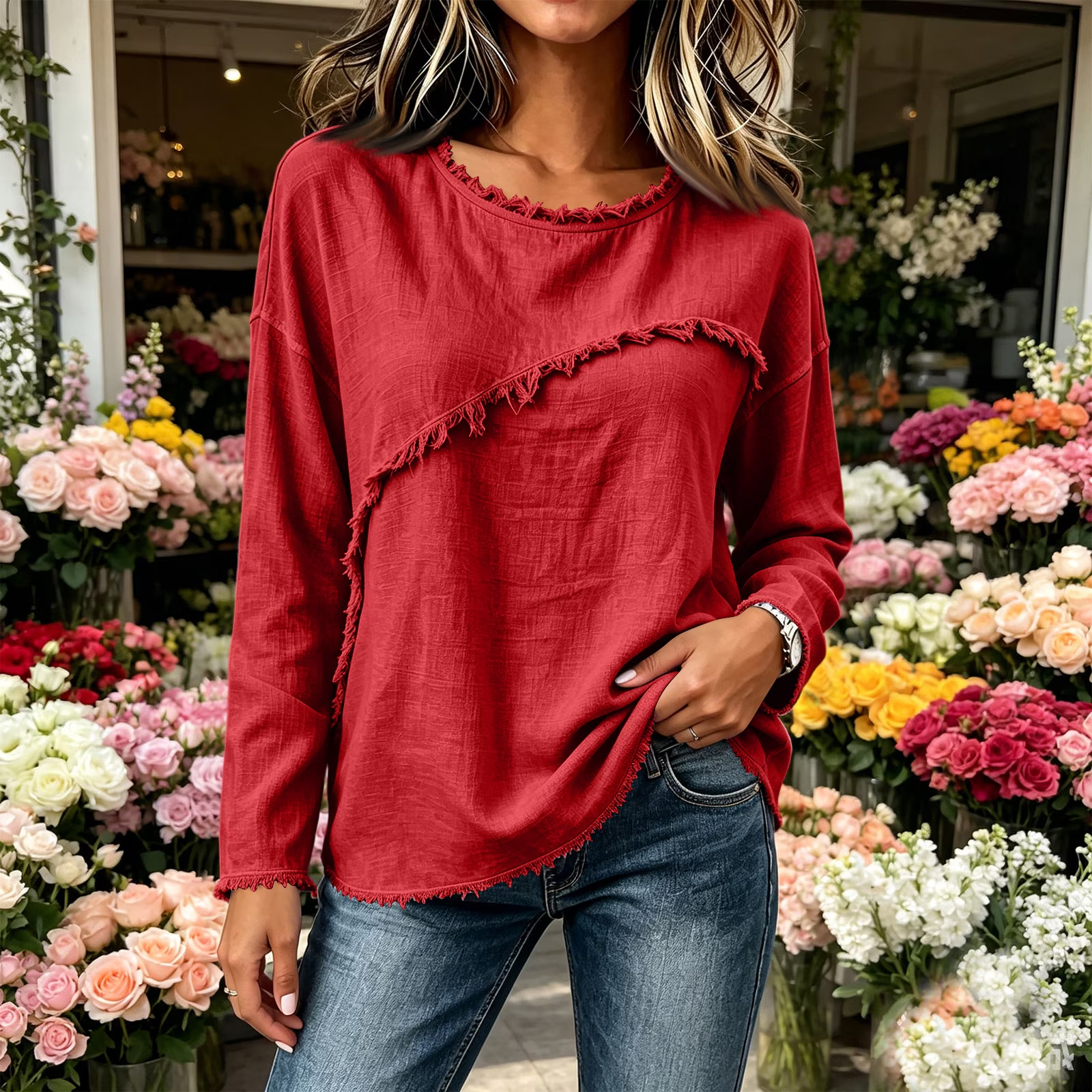 DISCOUNT SALE 55% OFF🔥 Unique Stitching Patchwork Round Neck Long Sleeve Blouse for Women