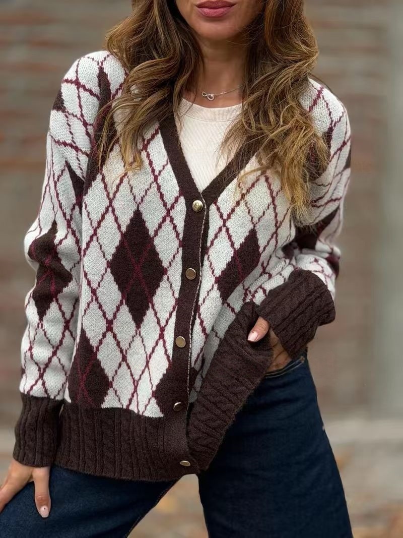 FALL NEW SALE | UP TO 55% OFF🔥 Classic Argyle Pattern V-Neck Knit Cardigan
