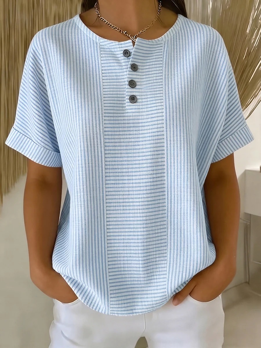 CLEARACNE SALE🔥 Women's V-neck striped cotton-linen T-shirt
