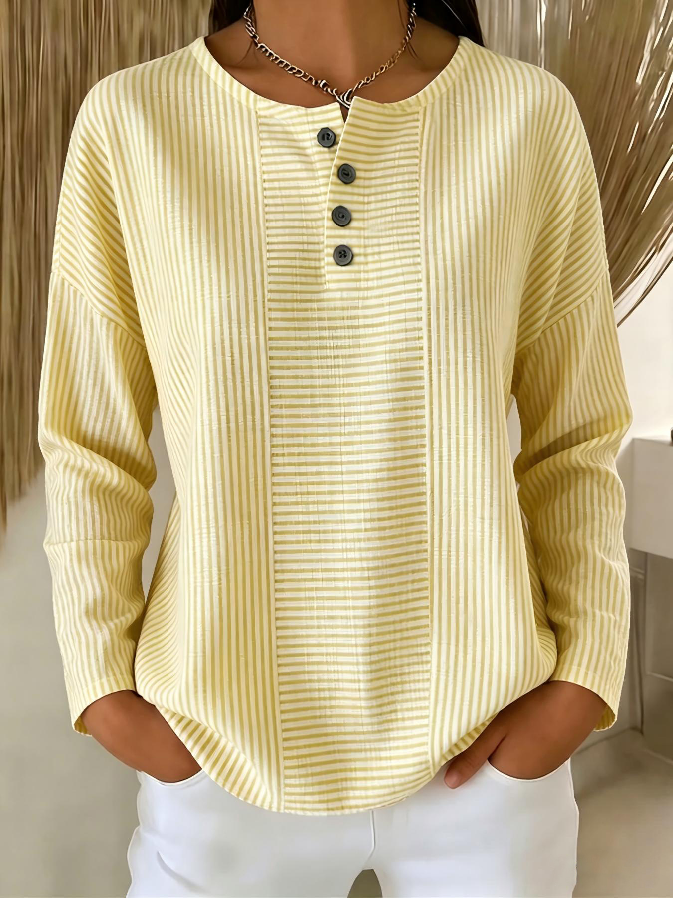 CLEARACNE SALE🔥 Women's V-neck striped cotton-linen Long sleeves T-shirt