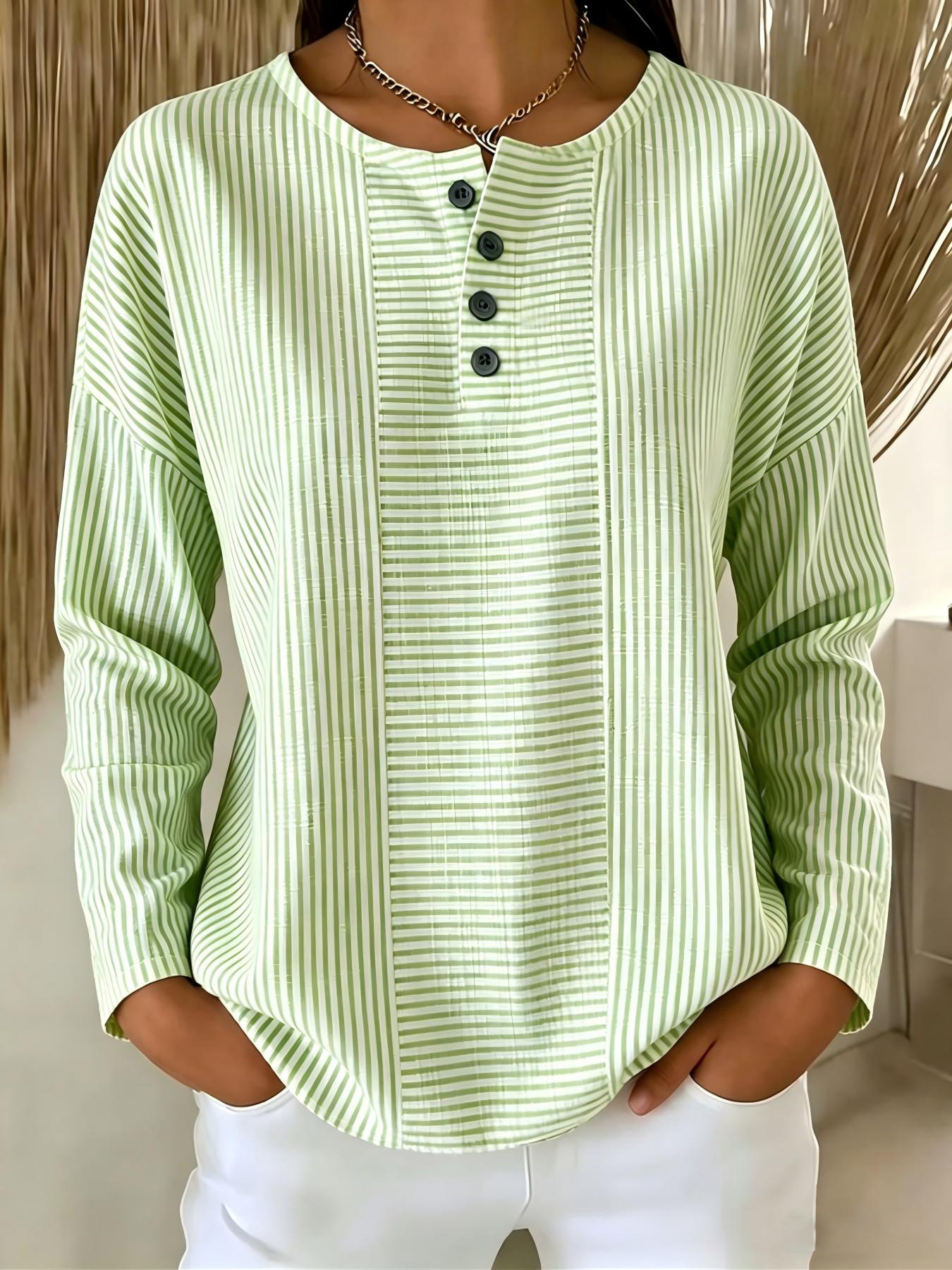 CLEARACNE SALE🔥 Women's V-neck striped cotton-linen Long sleeves T-shirt