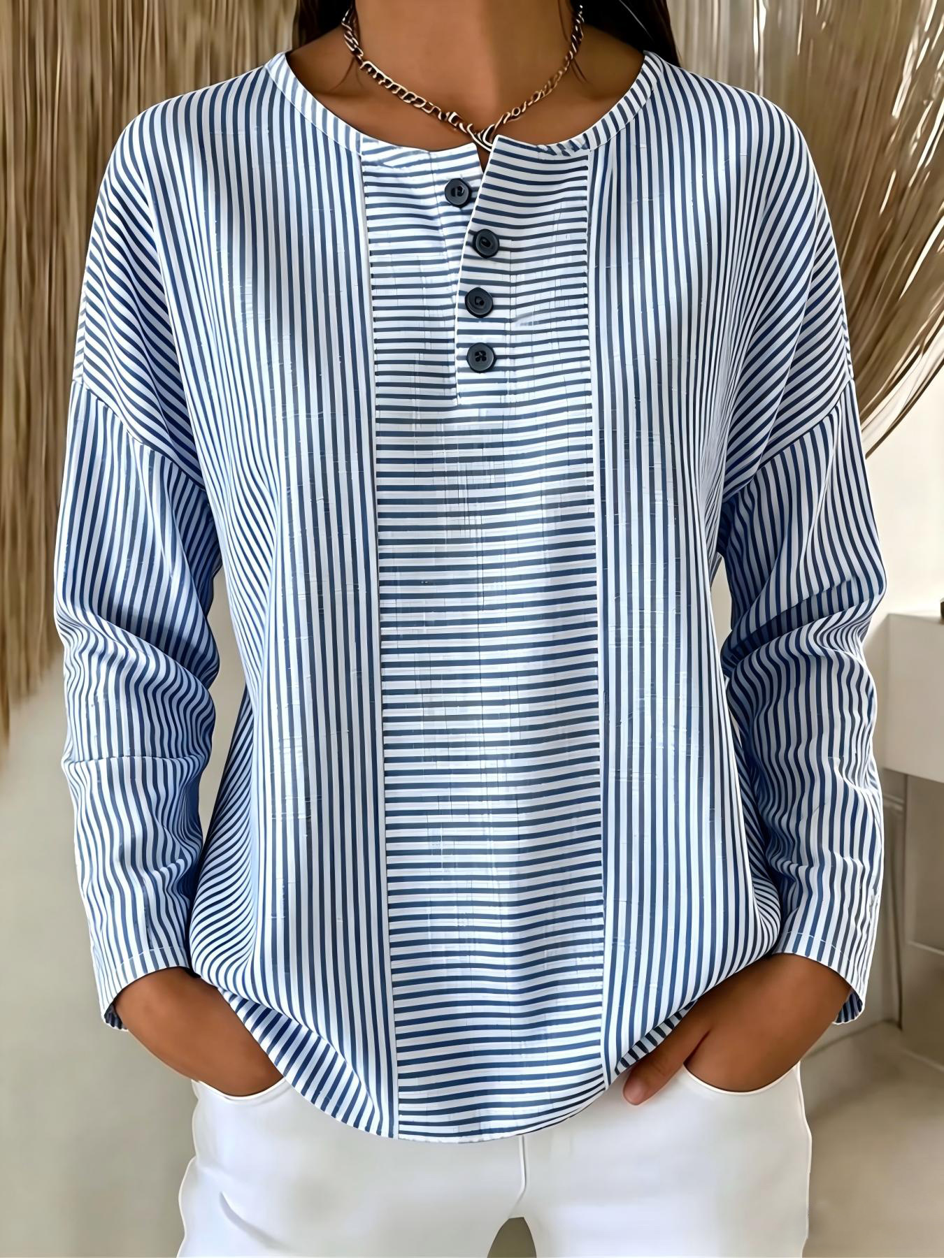 CLEARACNE SALE🔥 Women's V-neck striped cotton-linen Long sleeves T-shirt