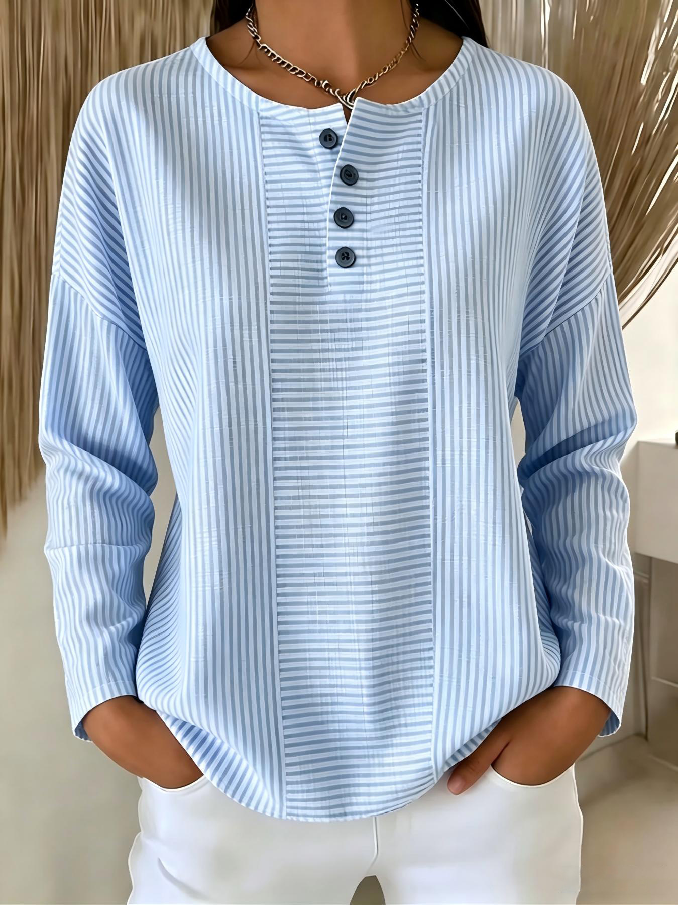 CLEARACNE SALE🔥 Women's V-neck striped cotton-linen Long sleeves T-shirt