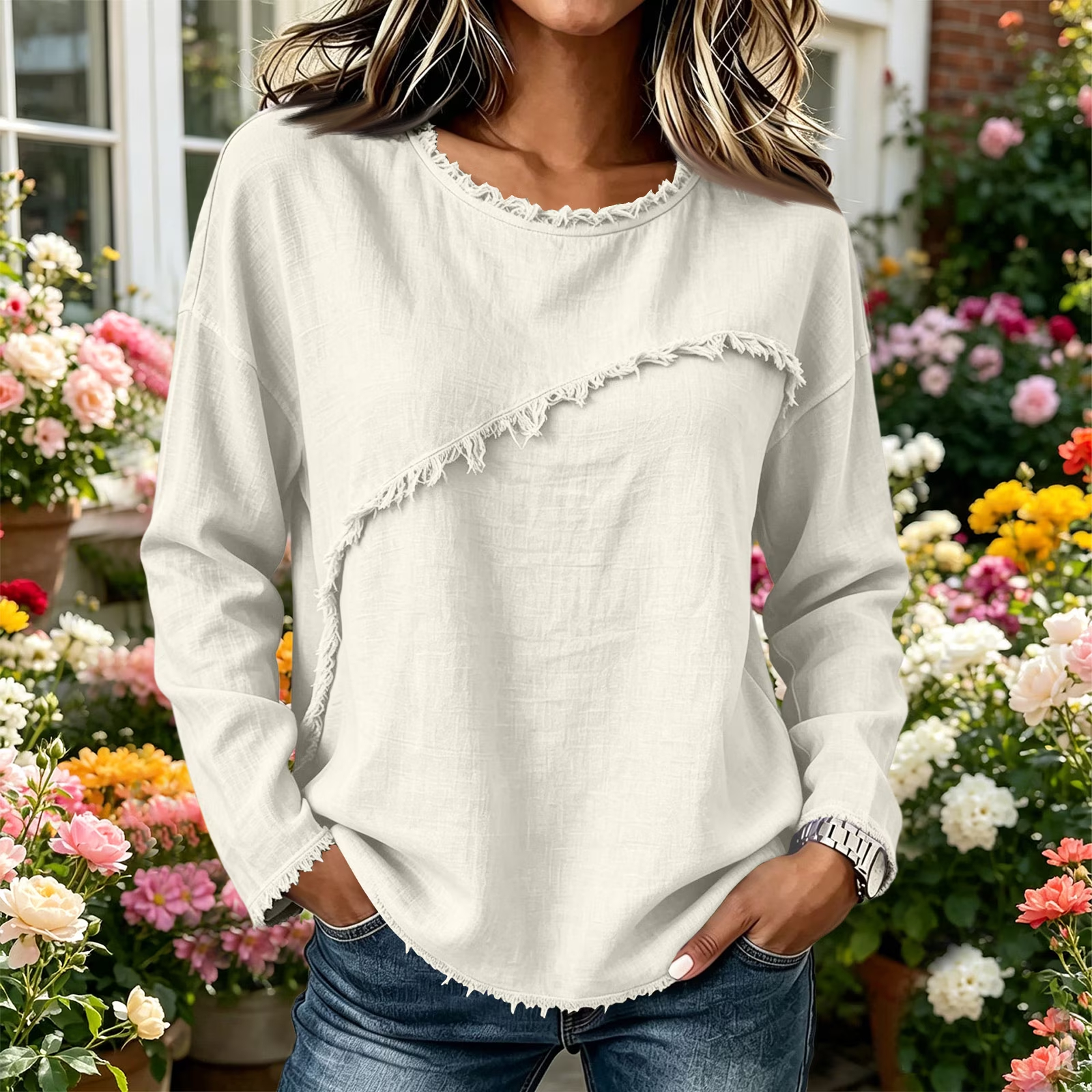 DISCOUNT SALE 55% OFF🔥 Unique Stitching Patchwork Round Neck Long Sleeve Blouse for Women