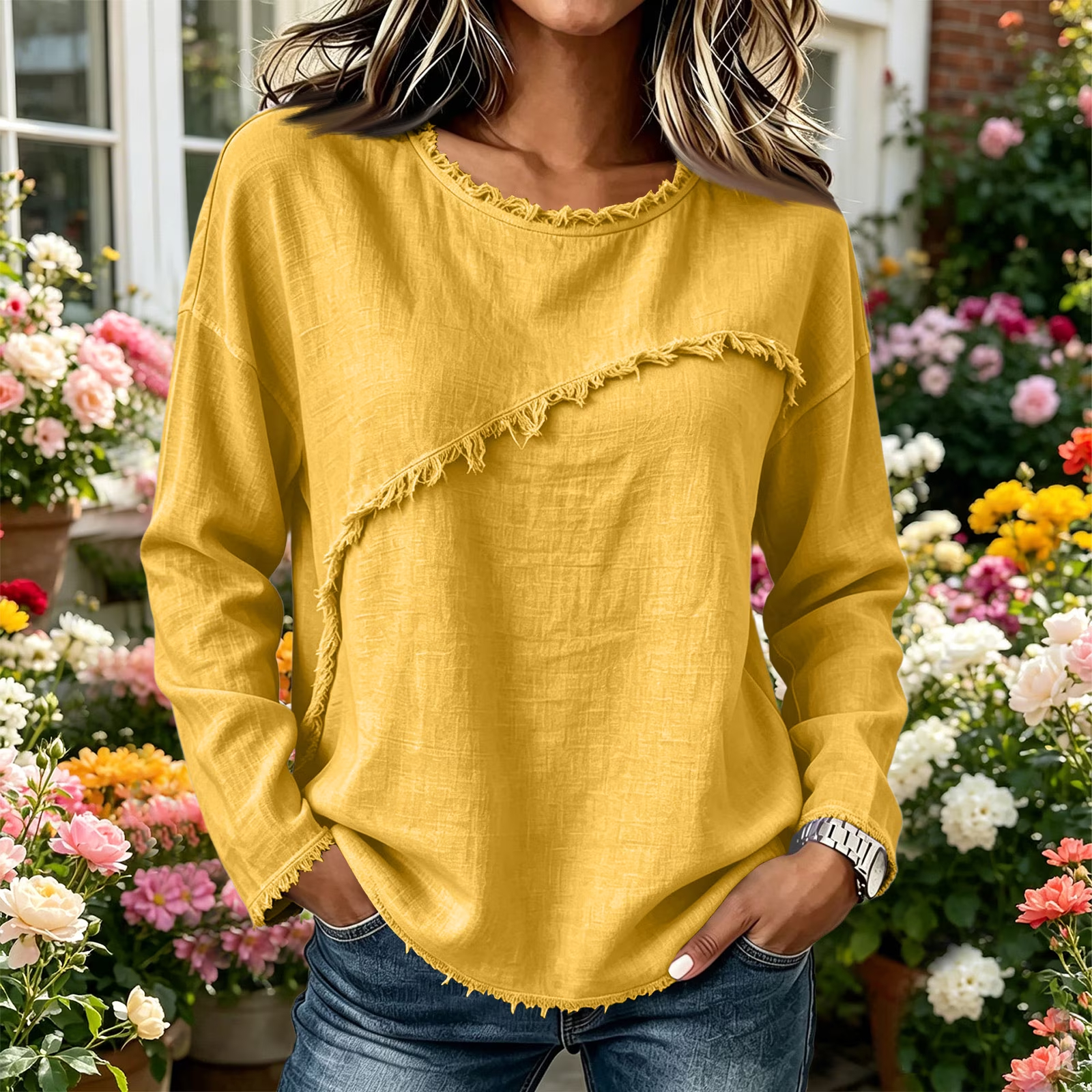 DISCOUNT SALE 55% OFF🔥 Unique Stitching Patchwork Round Neck Long Sleeve Blouse for Women