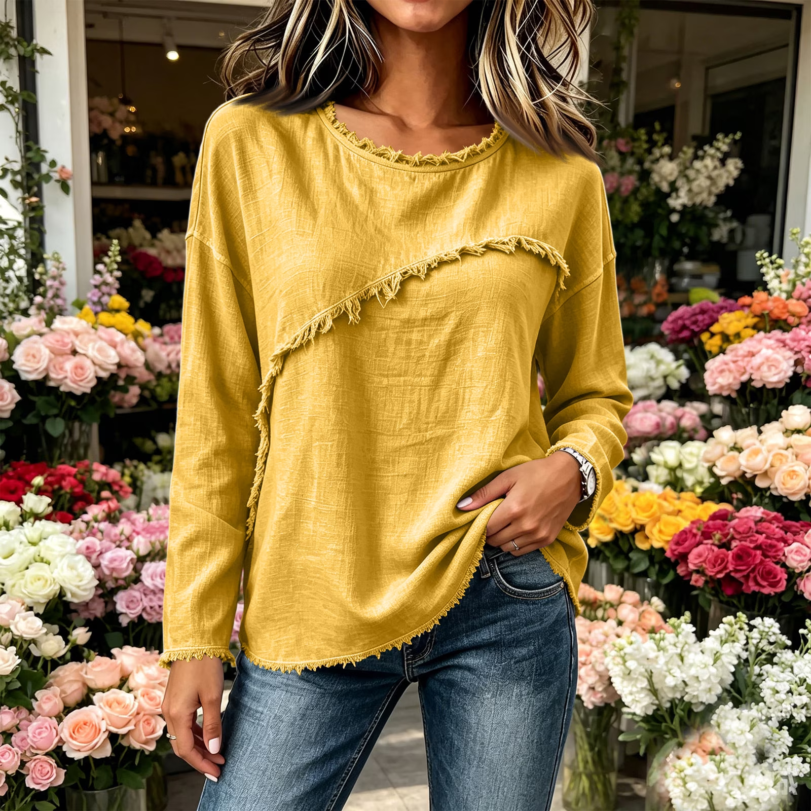 DISCOUNT SALE 55% OFF🔥 Unique Stitching Patchwork Round Neck Long Sleeve Blouse for Women