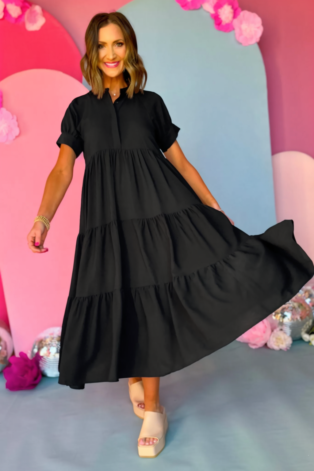 Button Front Tiered Short Sleeve Maxi Dress