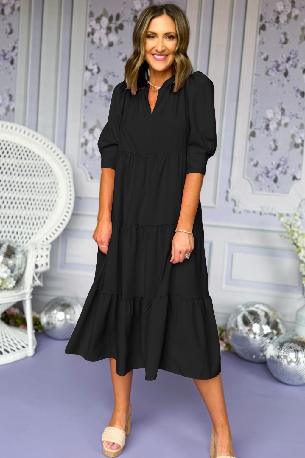 V-Nack Three Quarter Sleeve Tiered Midi Dress