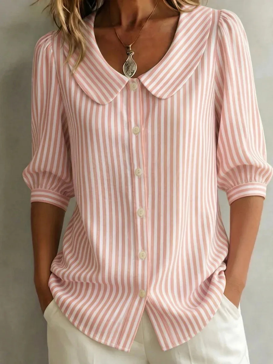🔥𝐂𝐋𝐄𝐀𝐑𝐀𝐍𝐂𝐄 𝐃𝐈𝐒𝐂𝐎𝐔𝐍𝐓 🔥- Women's Retro Peter Pan Collar Striped Cotton Linen Shirt