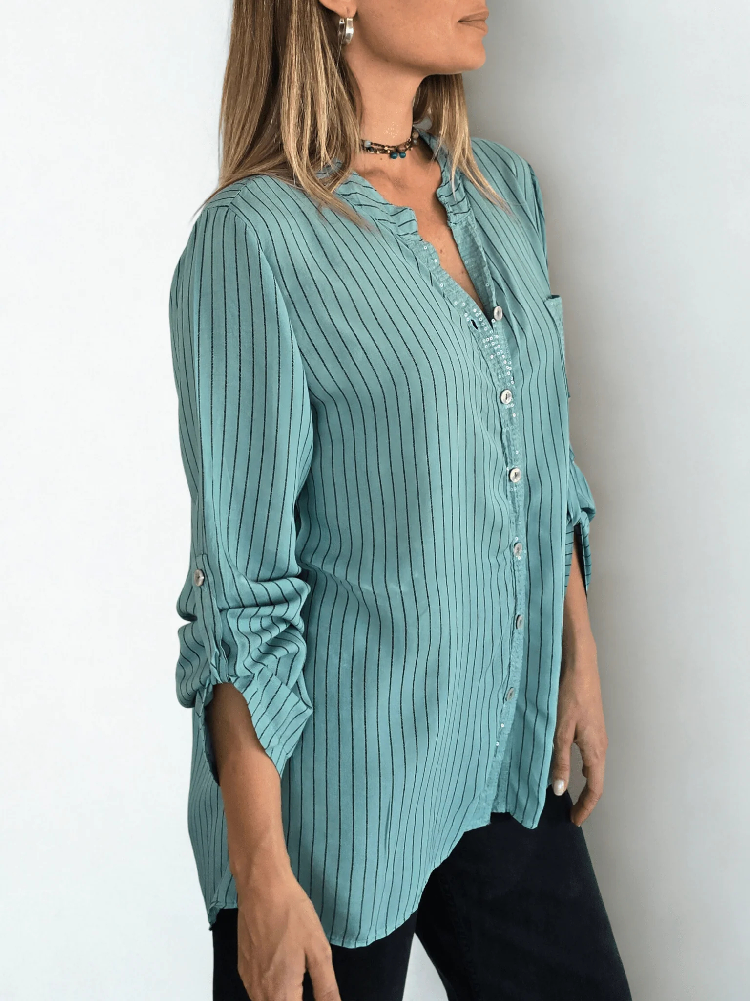 Striped sequined casual loose shirt