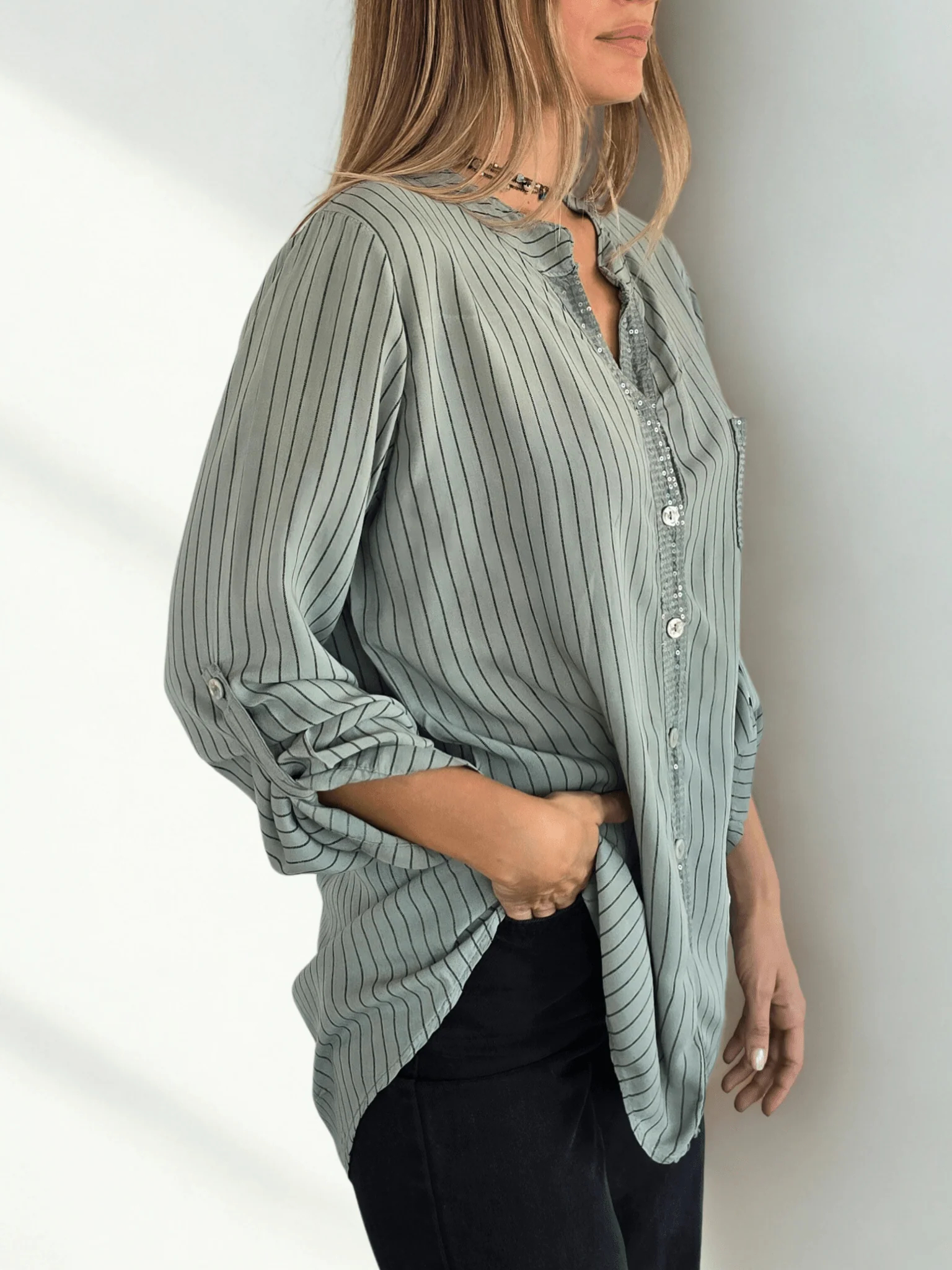 Striped sequined casual loose shirt