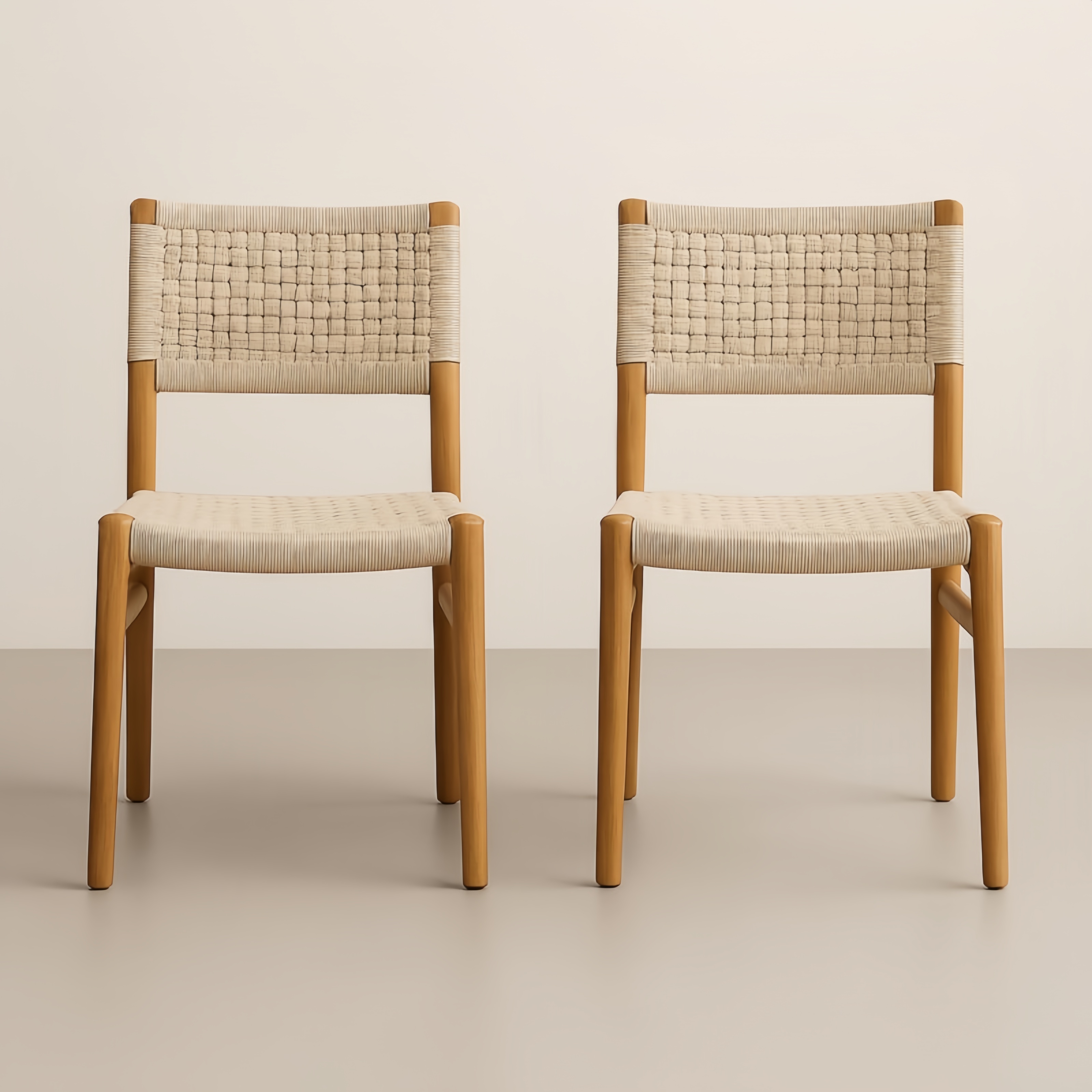 Lot de 2 chaises en bois avec assise en corde tissée Beige