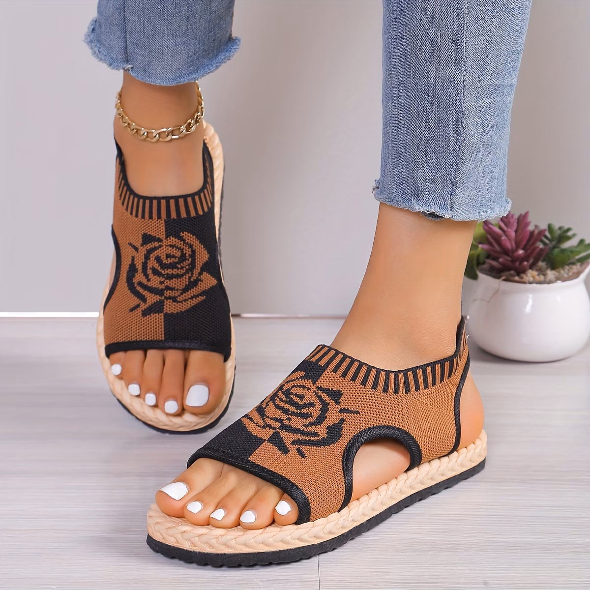 womens floral print knitted sandals slip on lightweight stretch walking shoes slingback shoes Product details 6
