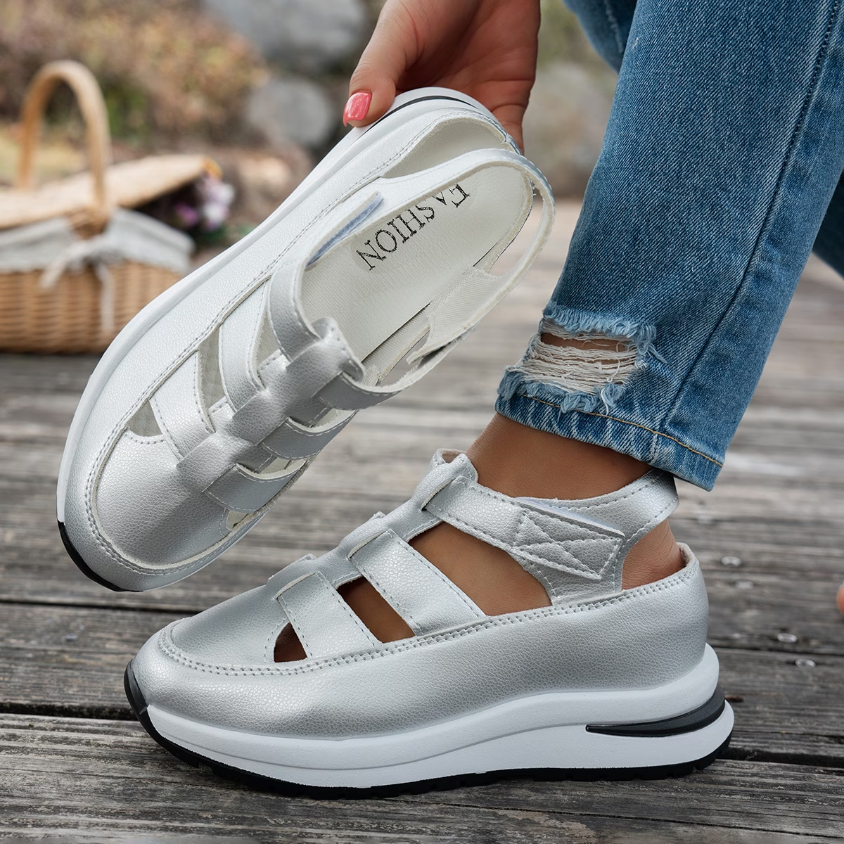 Platform Sandals with Velcro Straps and Hollow Cutout Design for Breathable Comfort