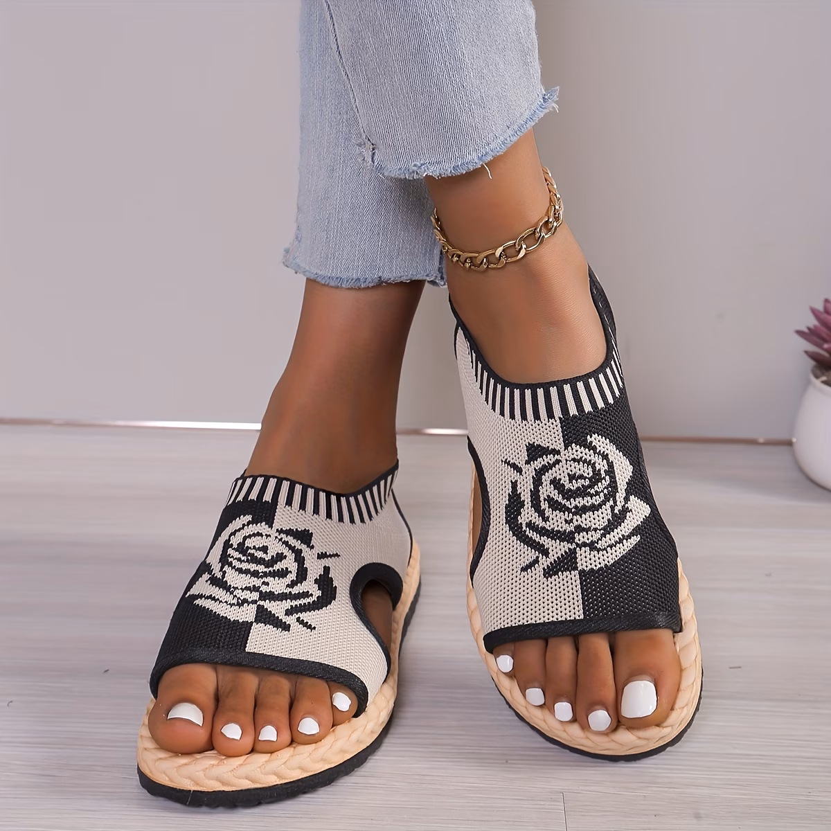 womens floral print knitted sandals slip on lightweight stretch walking shoes slingback shoes Product details 1