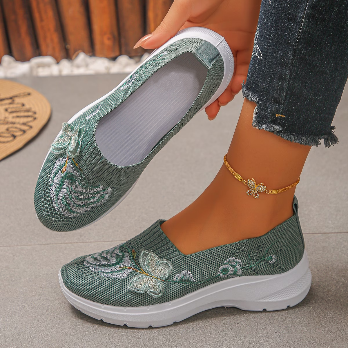 Embroidered Breathable Slip-On Sneakers for Women