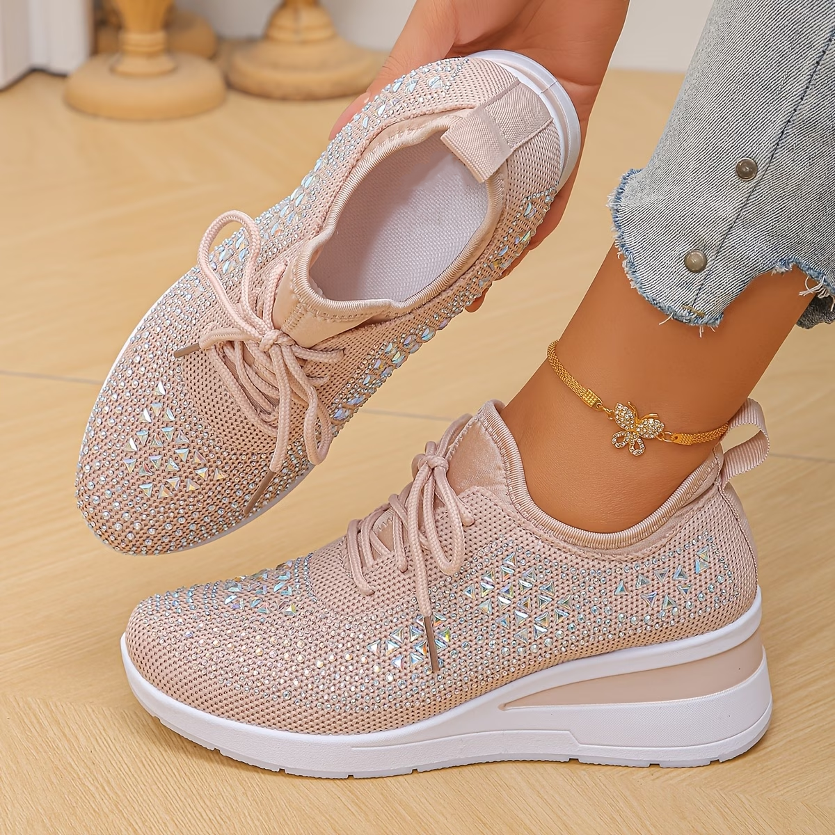 Rhinestone Mesh Lace Up Sneakers