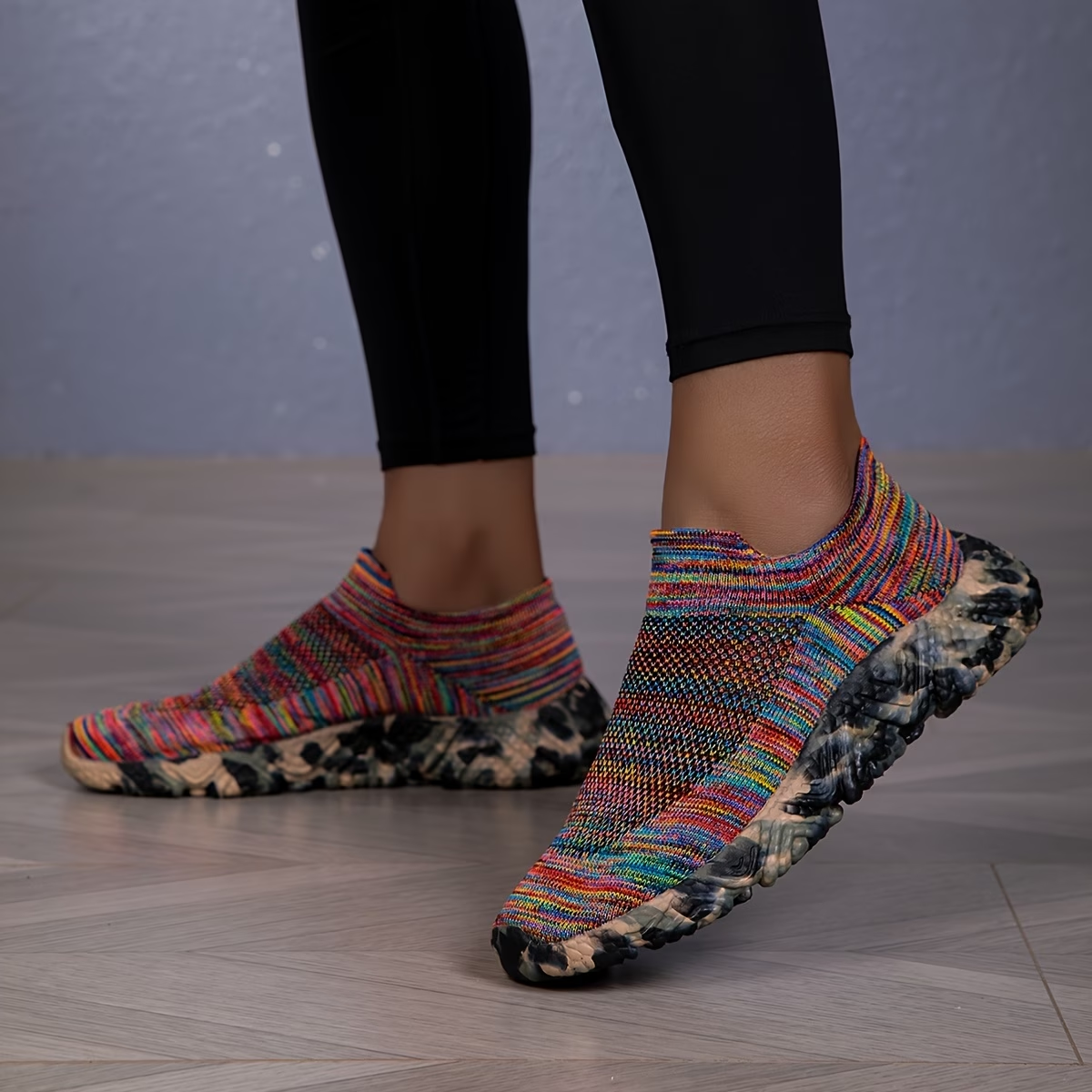 Colorful Knit Slip On Sock Sneakers With Textured Sole