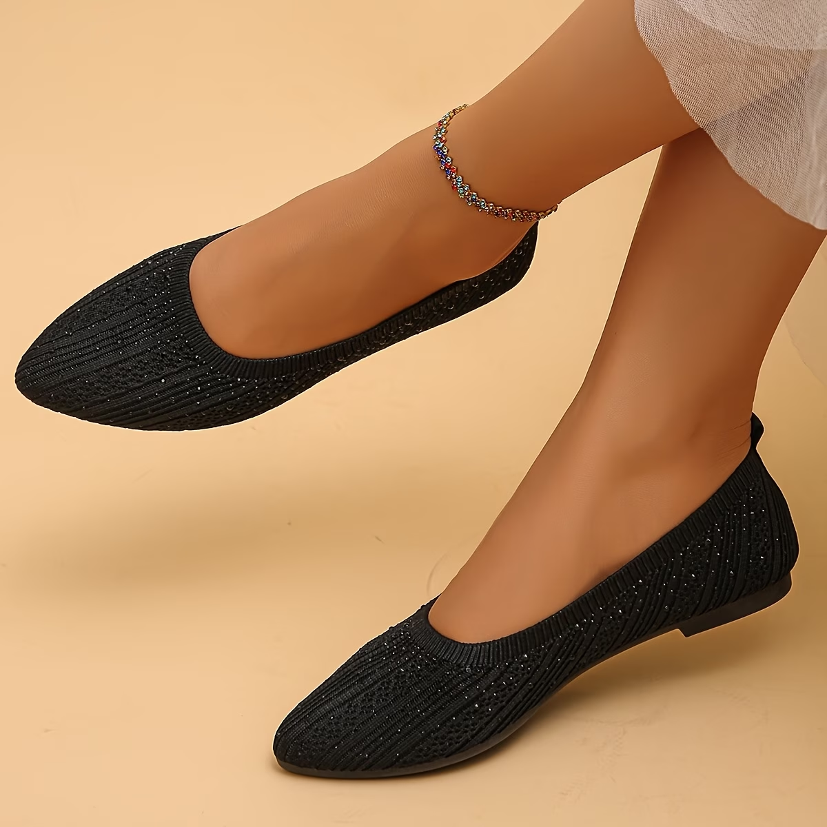 Rhinestone Embellished Pointed Toe Slip-On Flats with Knit Upper