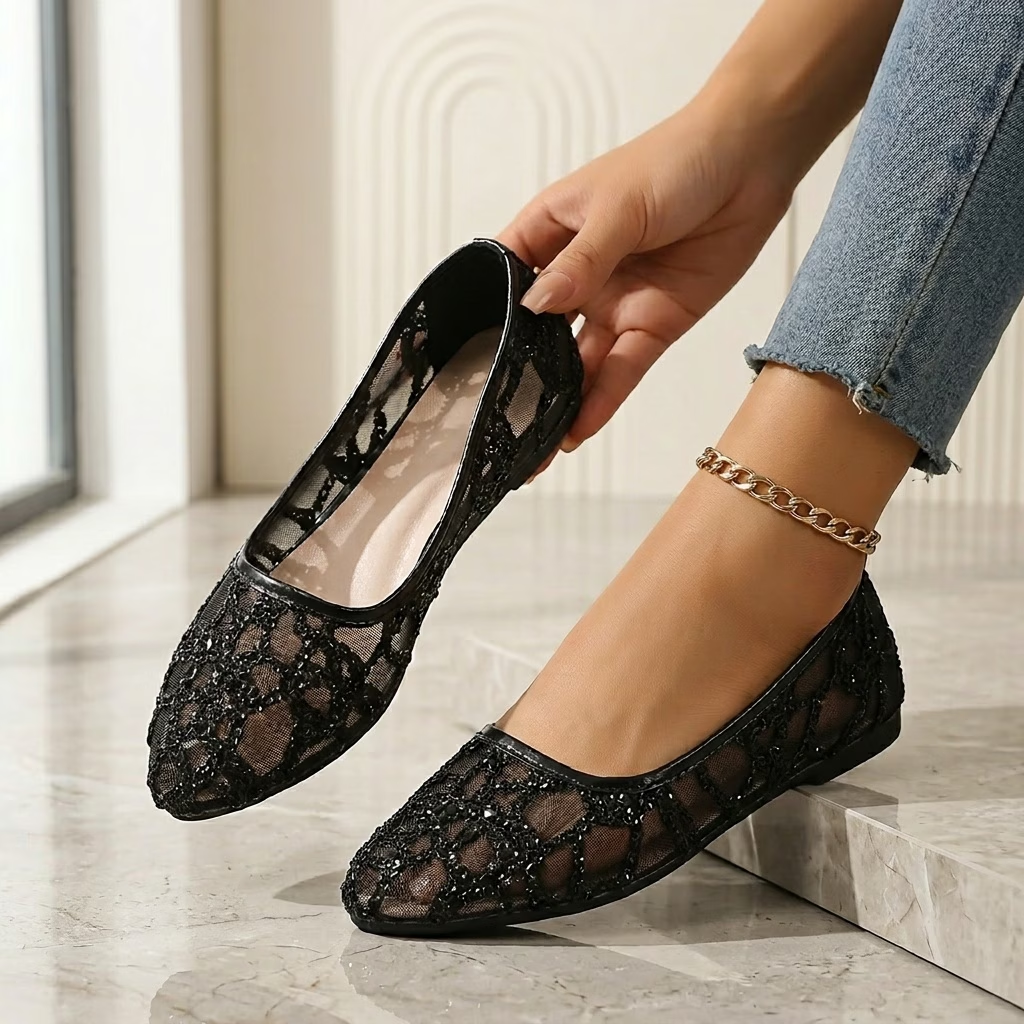 Rhinestone Embellished Mesh Slip-On Flats with Pointed Toe and Breathable Design