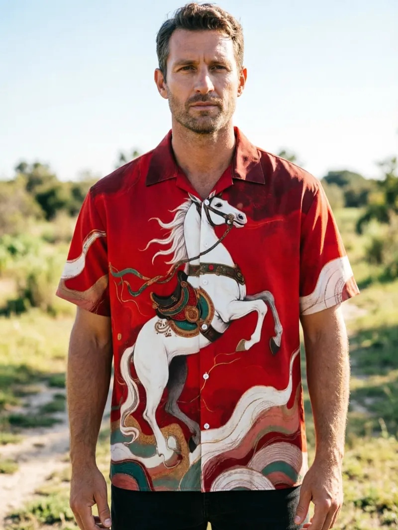 Mythical Horse Print Camp Collar Shirt Relaxed Fit