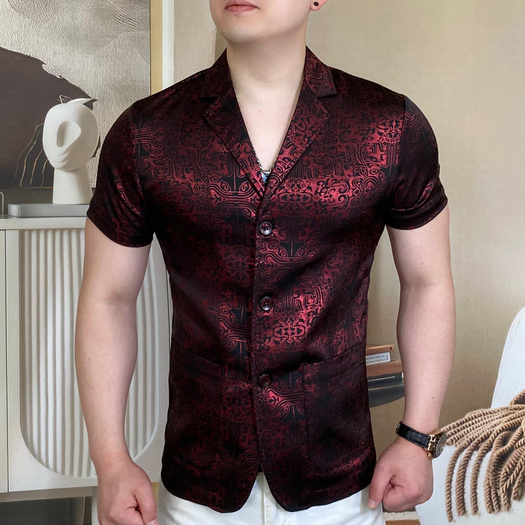 Crimson Dynasty Jacquard Short-Sleeve Blazer