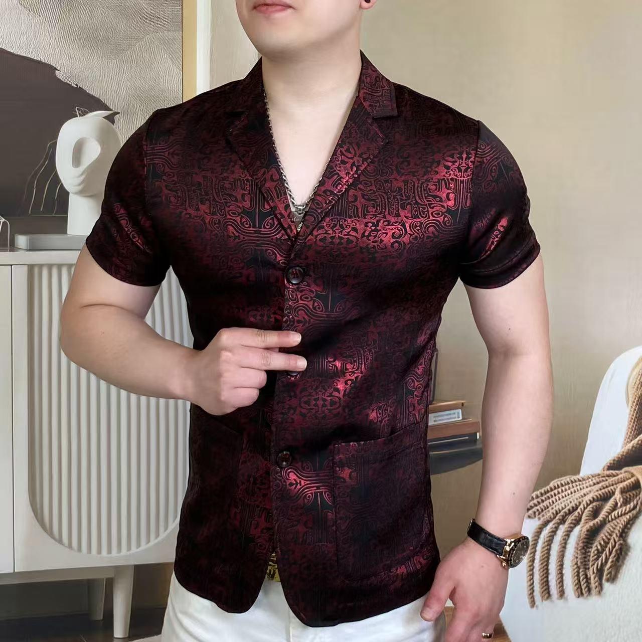 Crimson Dynasty Jacquard Short-Sleeve Blazer