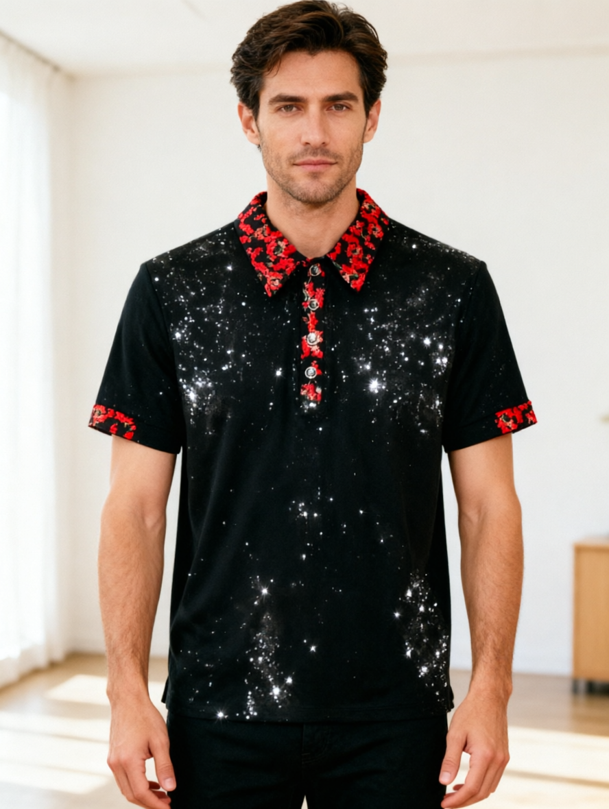Starry Night Embellished Polo Shirt Floral Collar Detail