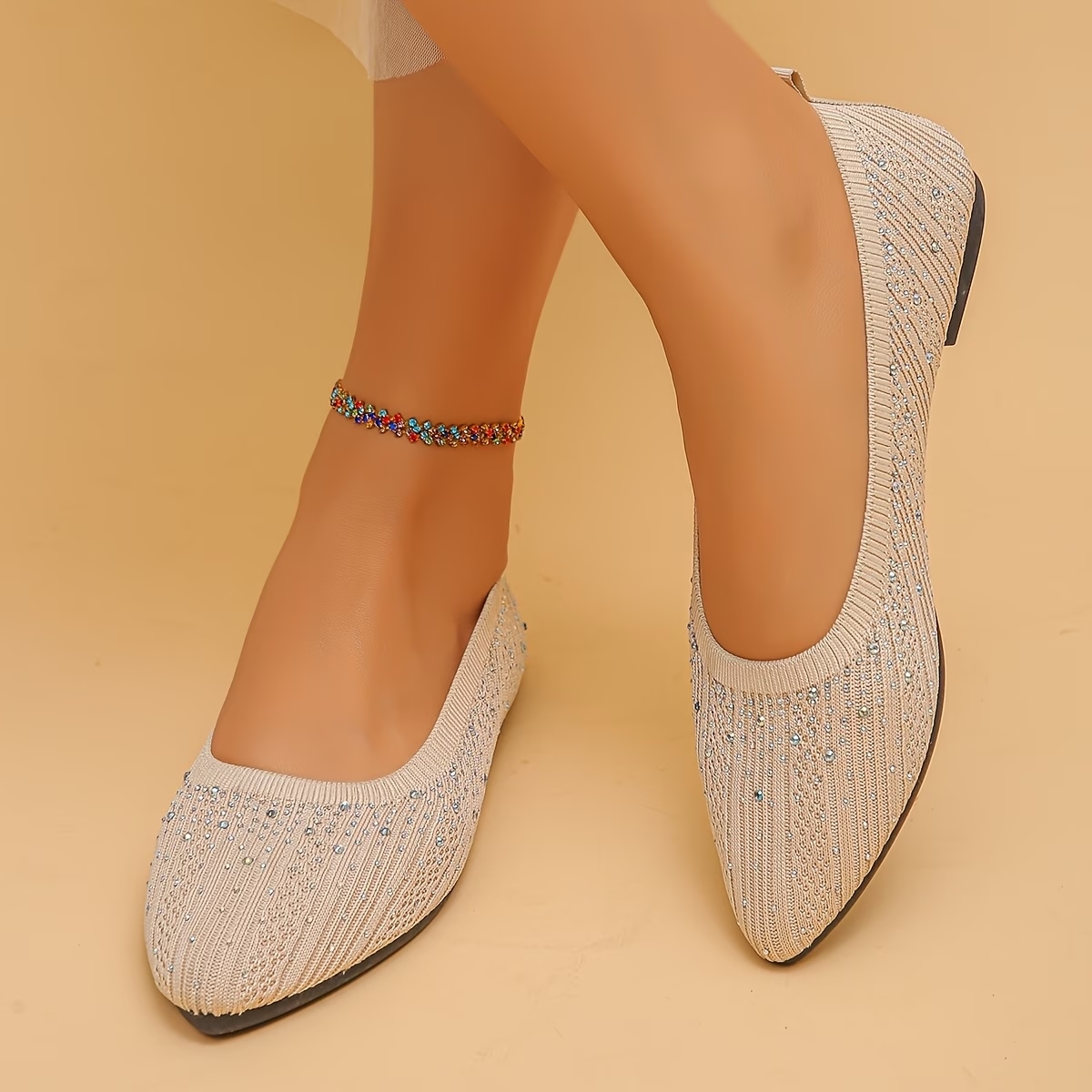 Rhinestone Embellished Pointed Toe Slip-On Flats with Knit Upper