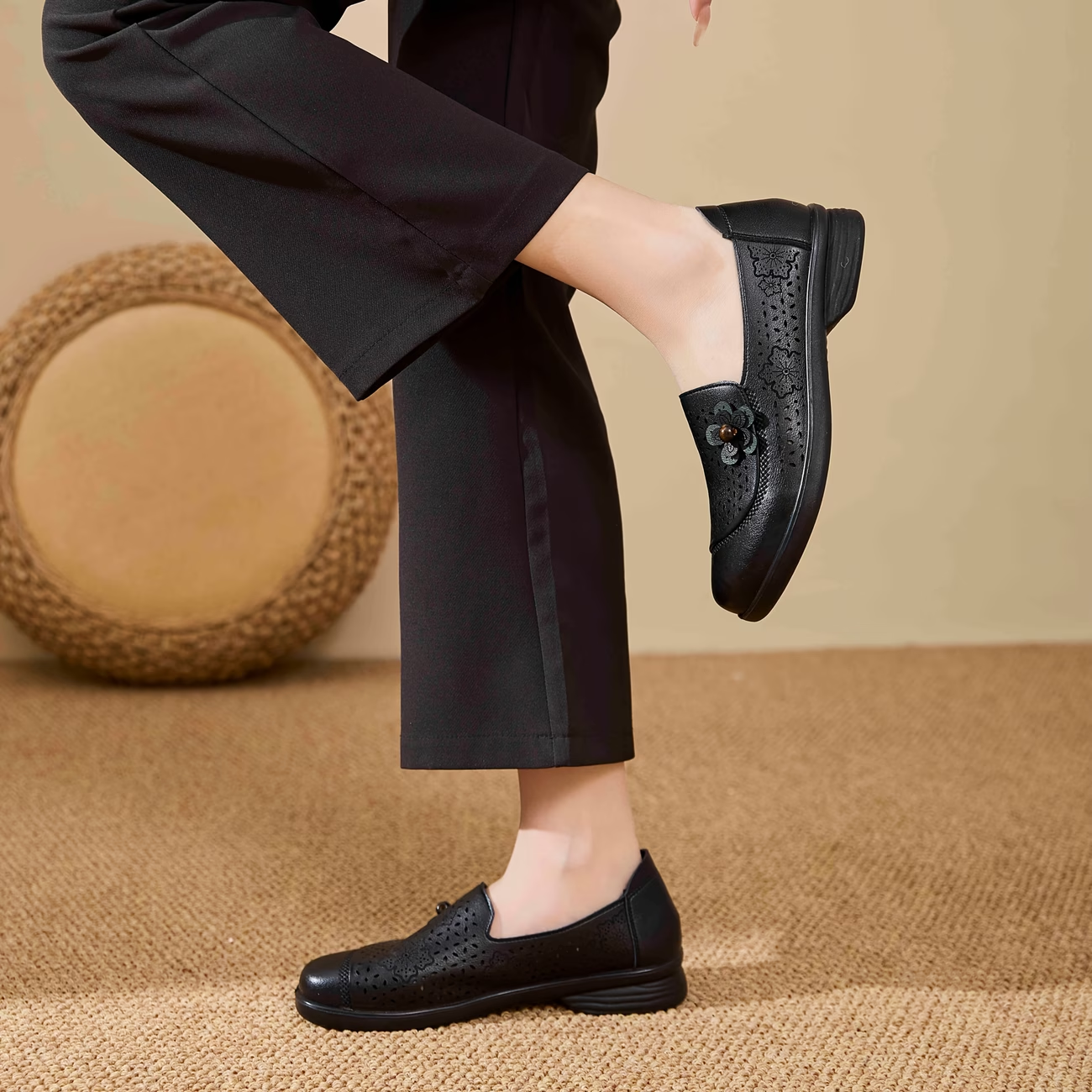 Floral Embellished Perforated Slip-On Loafers with Soft Cushioned Sole