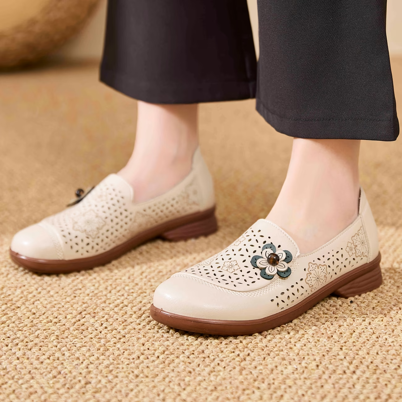 Floral Embellished Perforated Slip-On Loafers with Soft Cushioned Sole